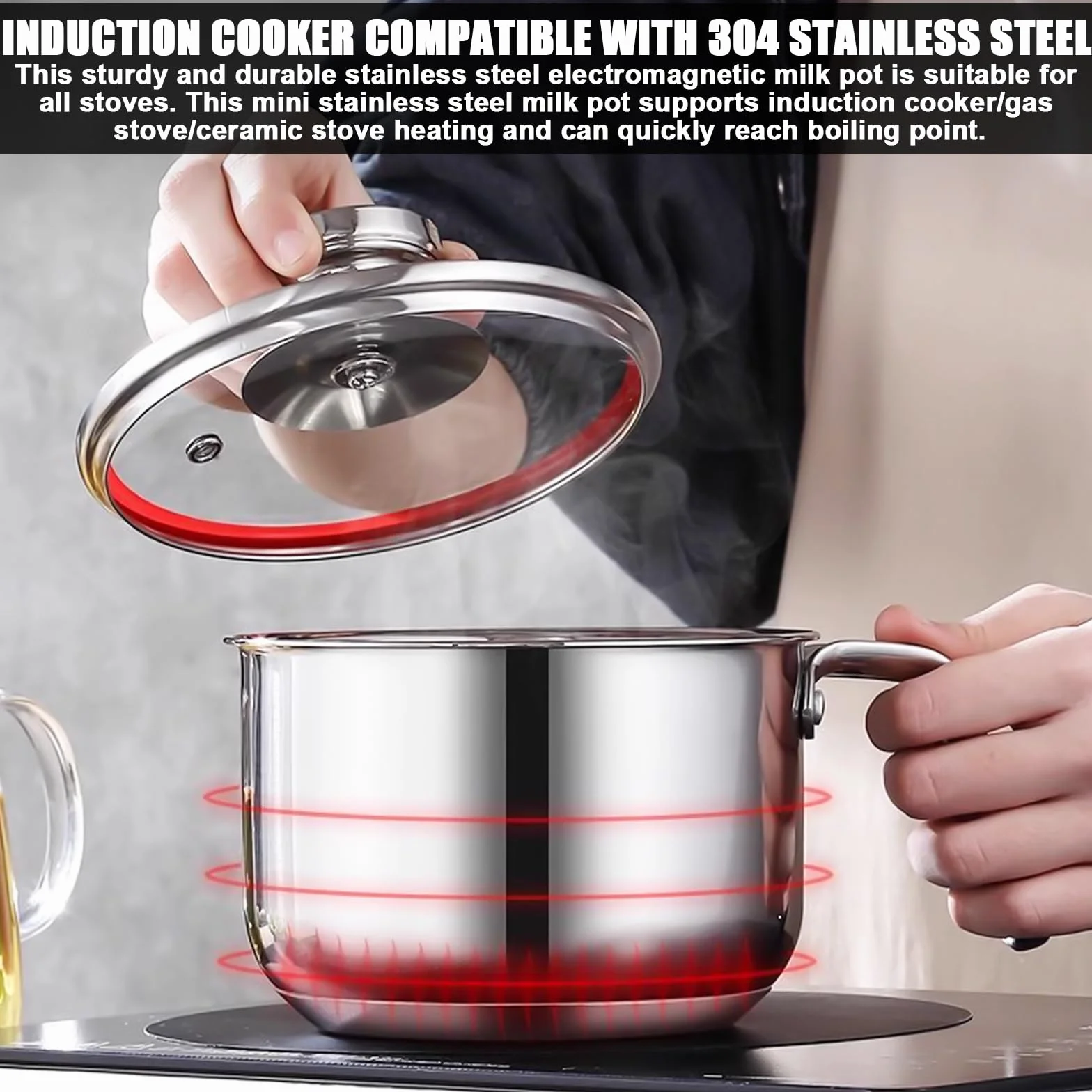 Pentola per latte a induzione in acciaio inox: mini pentola da 14 cm, per latte e porridge (304 acciaio/10 cm di profondità)