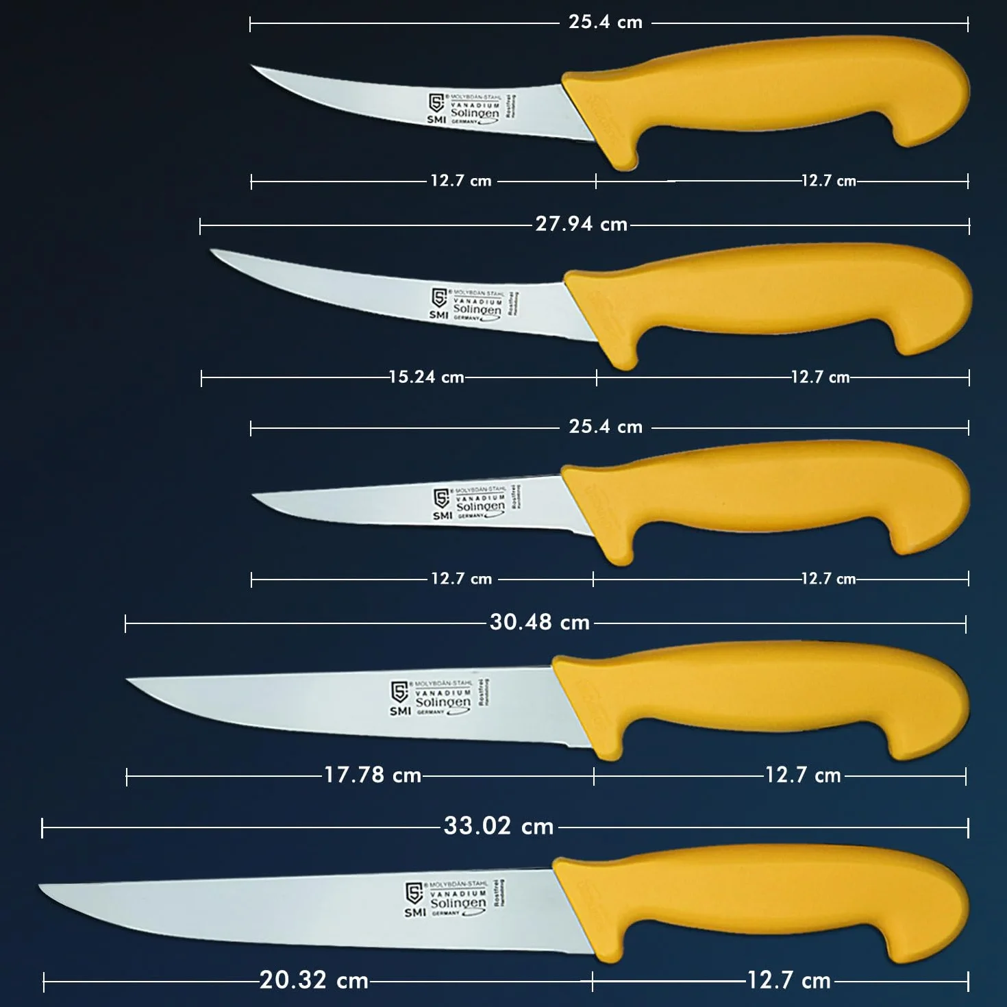 SMI 6 Pezzi Set Coltelli da Macellaio e Disosso Solingen Acciaio 1.4116 Manico Giallo + Affilacoltelli Made in Germany