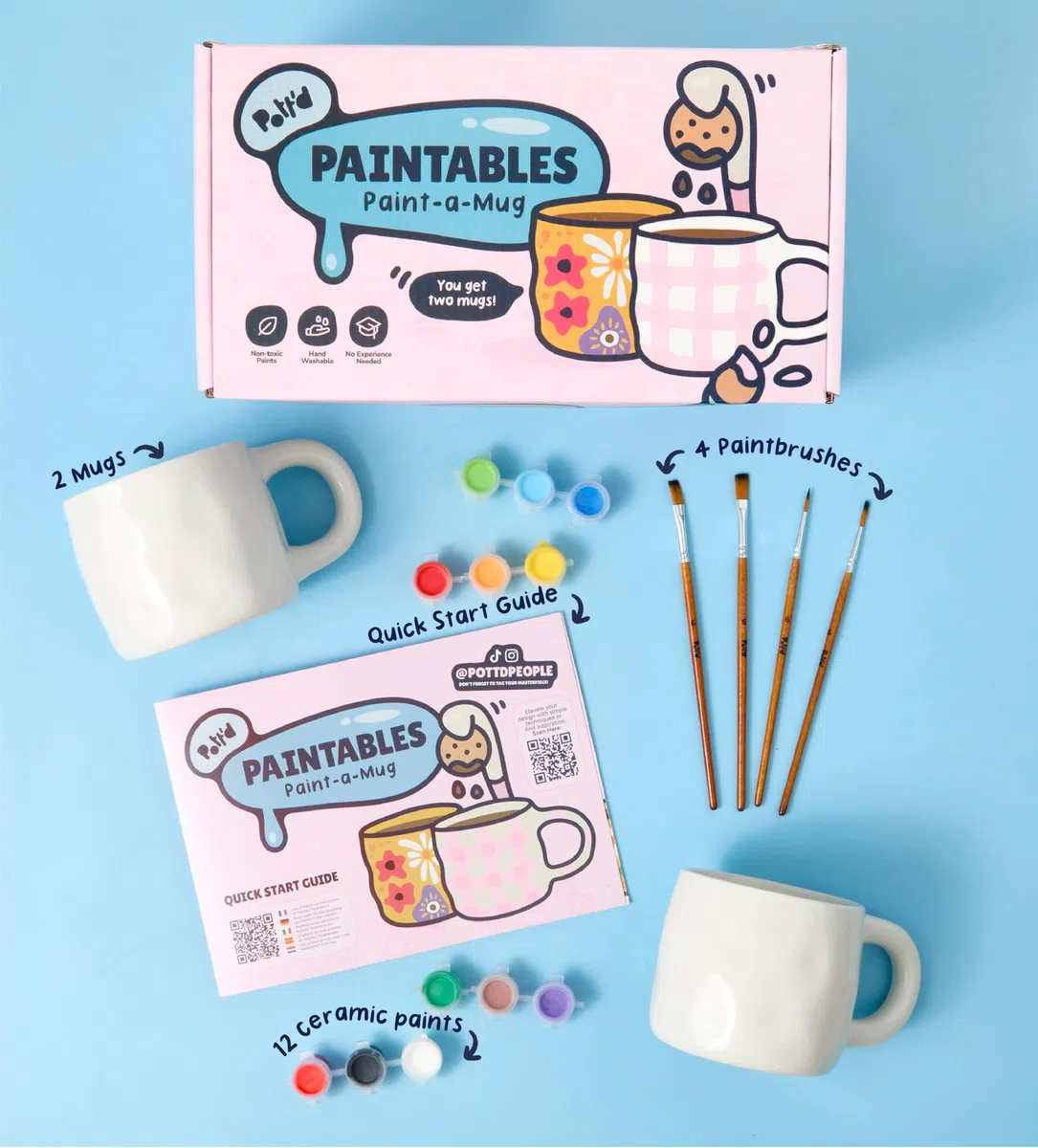 Pott'd Paintables Set Tazze da Decorare, Kit di Pittura su Ceramica per Adulti, Kit DIY per Principianti con Tazze, Colori, Pennelli, Panno e Guida di Ispirazione Creativa