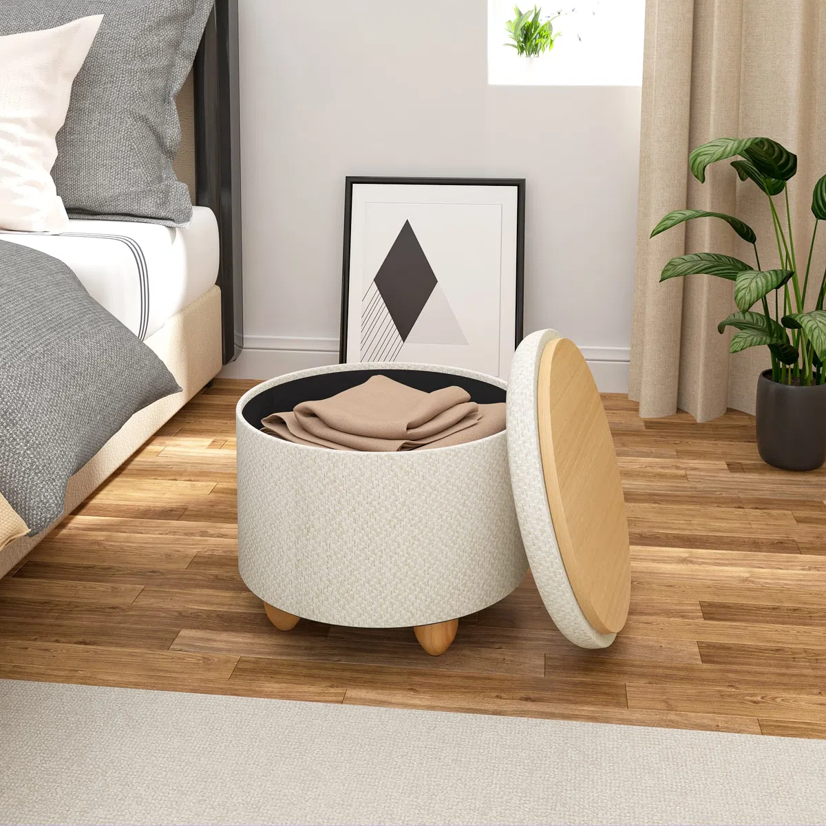 WOLTU Pouf Contenitore con Coperchio, Pouf Poggiapiedi in Lino Grosso, Sgabello Tondo Salvaspazio con Gambe in Legno di Pino per Soggiorno, Corriodio, Camera, Ø 39x33 cm, Beige