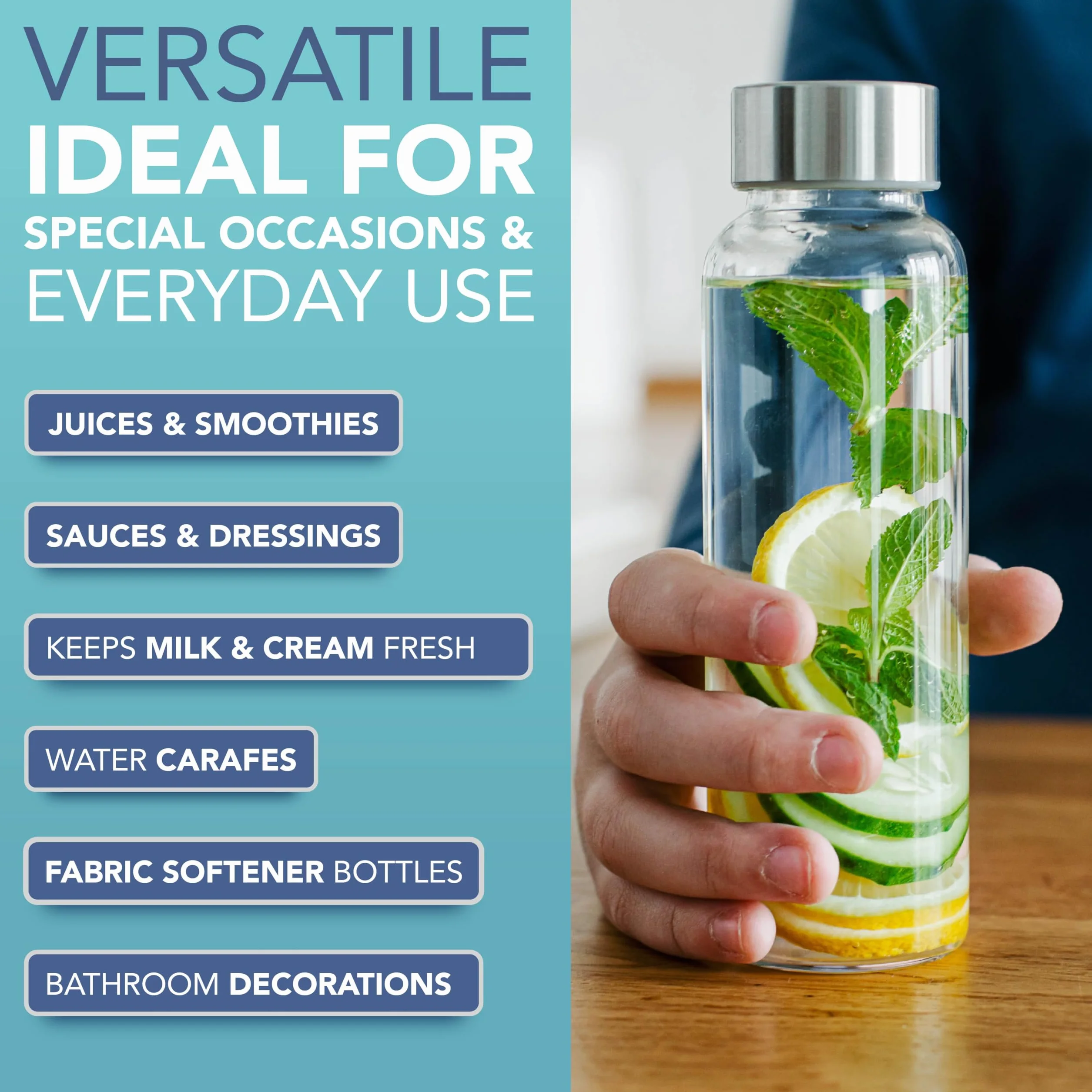 HEFTMAN Bottiglie in vetro da 250ml con coperchio, confezione da 6 bottiglie vuote in vetro, ermetiche, a tenuta stagna, coperchi in acciaio inox, per acqua, frullati, succhi di frutta, per lavoro