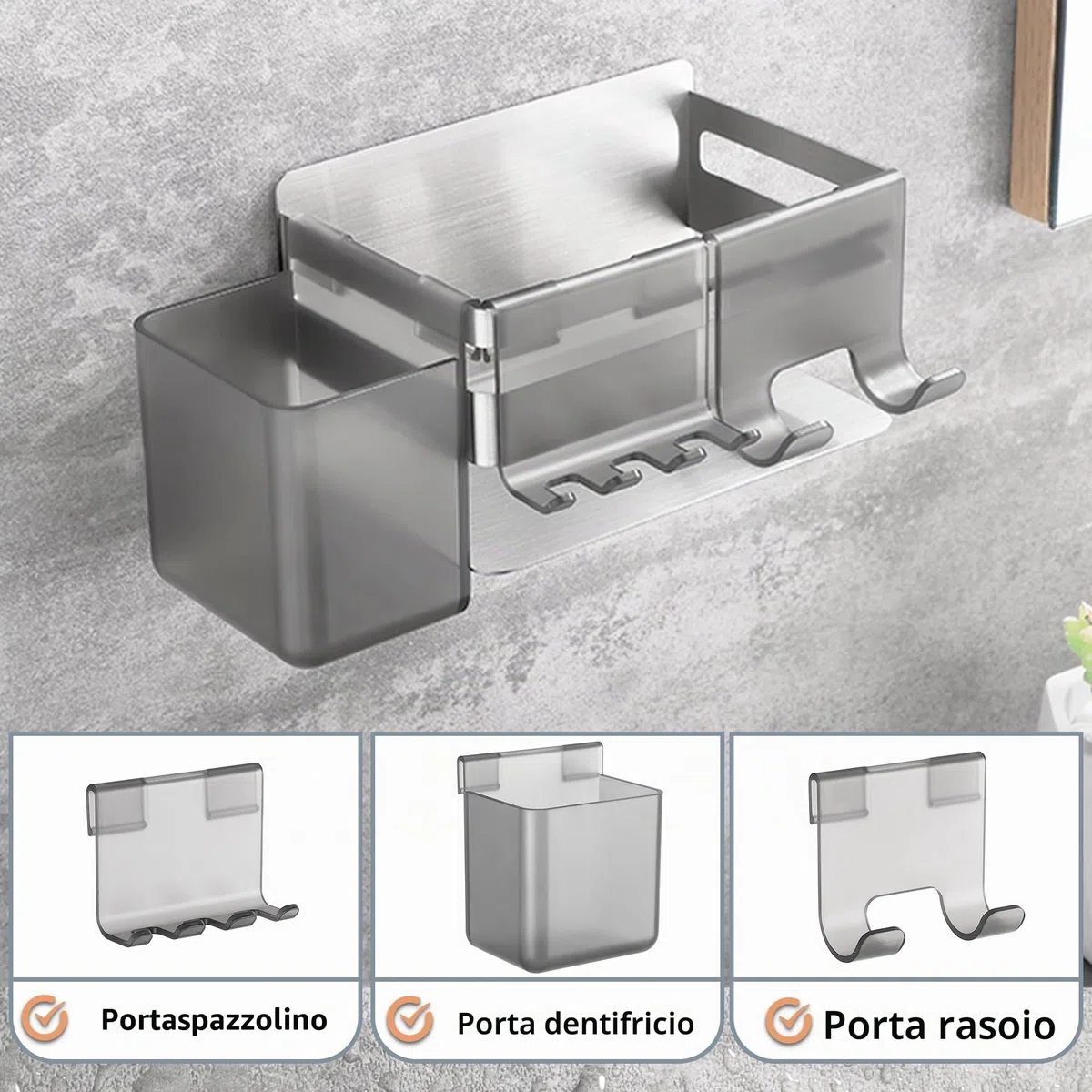 Portaspazzolino per spazzolino elettrico con 3 accessori da bagno, supporto per spazzolino in acciaio inossidabile da parete autoadesivo, supporto per testine argento senza foratura