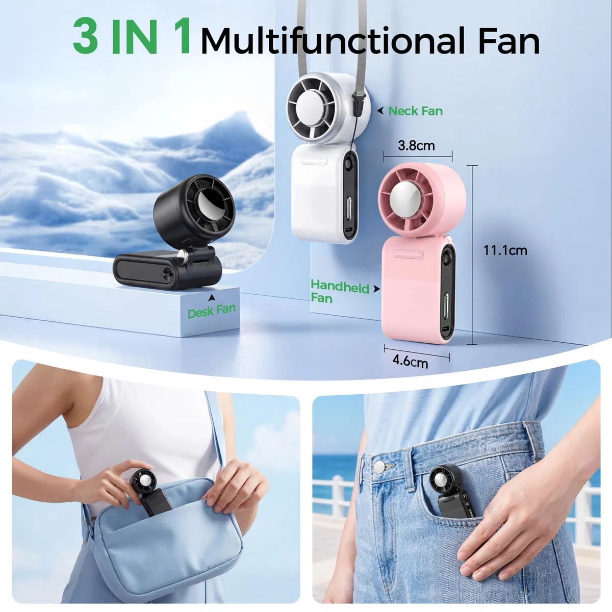 MERTTURM Ventilatore Portatile Funzione Ice Cooling a 16℃, 100 Livelli di Velocità e Potente Vento da 9,9 m/s, 3-in-1 Mano/Collo/Tavolo Mini USB Ventola per Viaggi, Campeggio e All'aperto, Nero