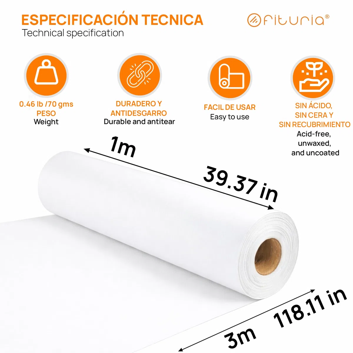 OFITURIA Papel Kraft Bianco - Rollo 1x3m - 6 Rotoli - Carta da pacchi e carta da regalo, carta da imballaggio per spedizioni e fai-da-te, resistente e facile da tagliare