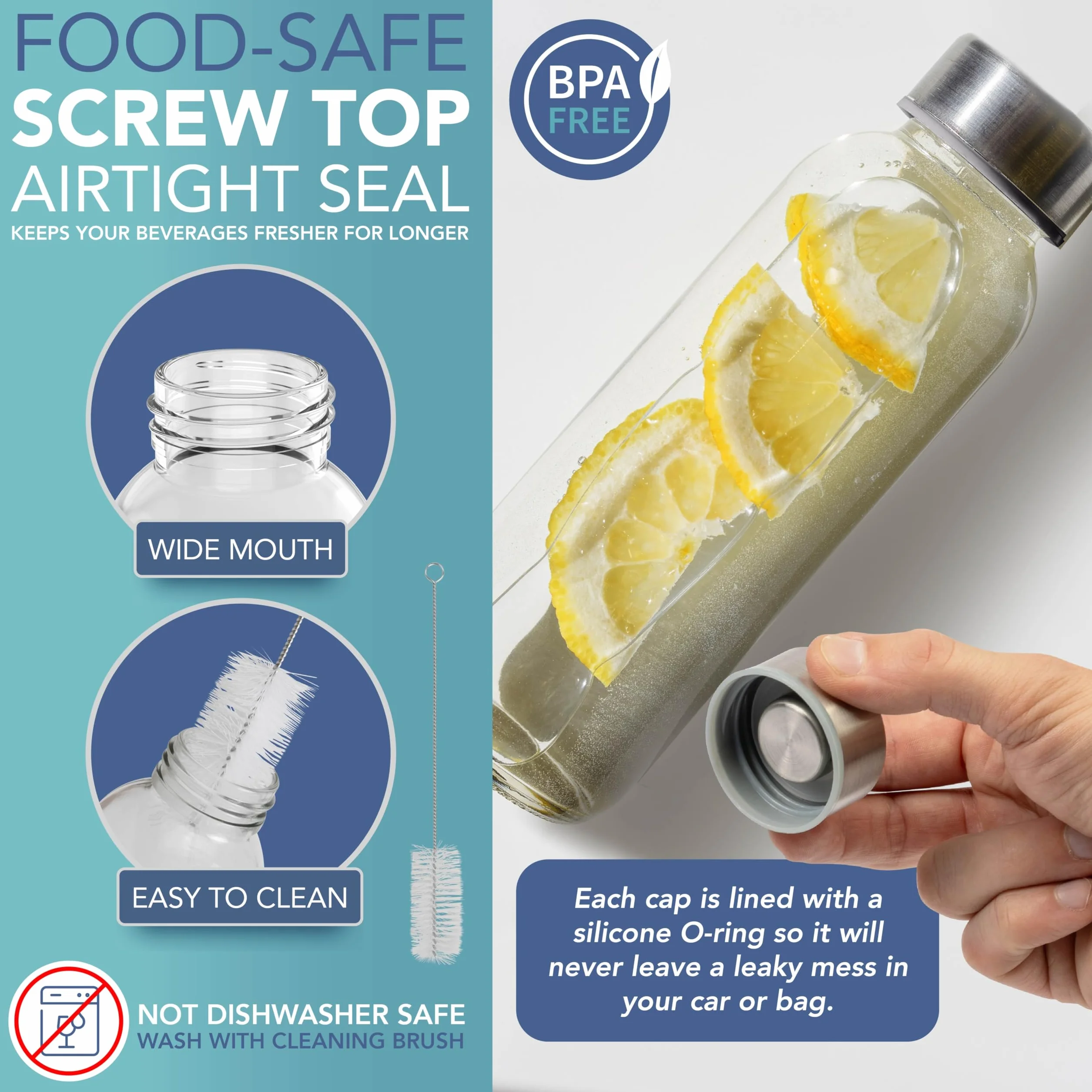 HEFTMAN Bottiglie in vetro da 250ml con coperchio, confezione da 6 bottiglie vuote in vetro, ermetiche, a tenuta stagna, coperchi in acciaio inox, per acqua, frullati, succhi di frutta, per lavoro