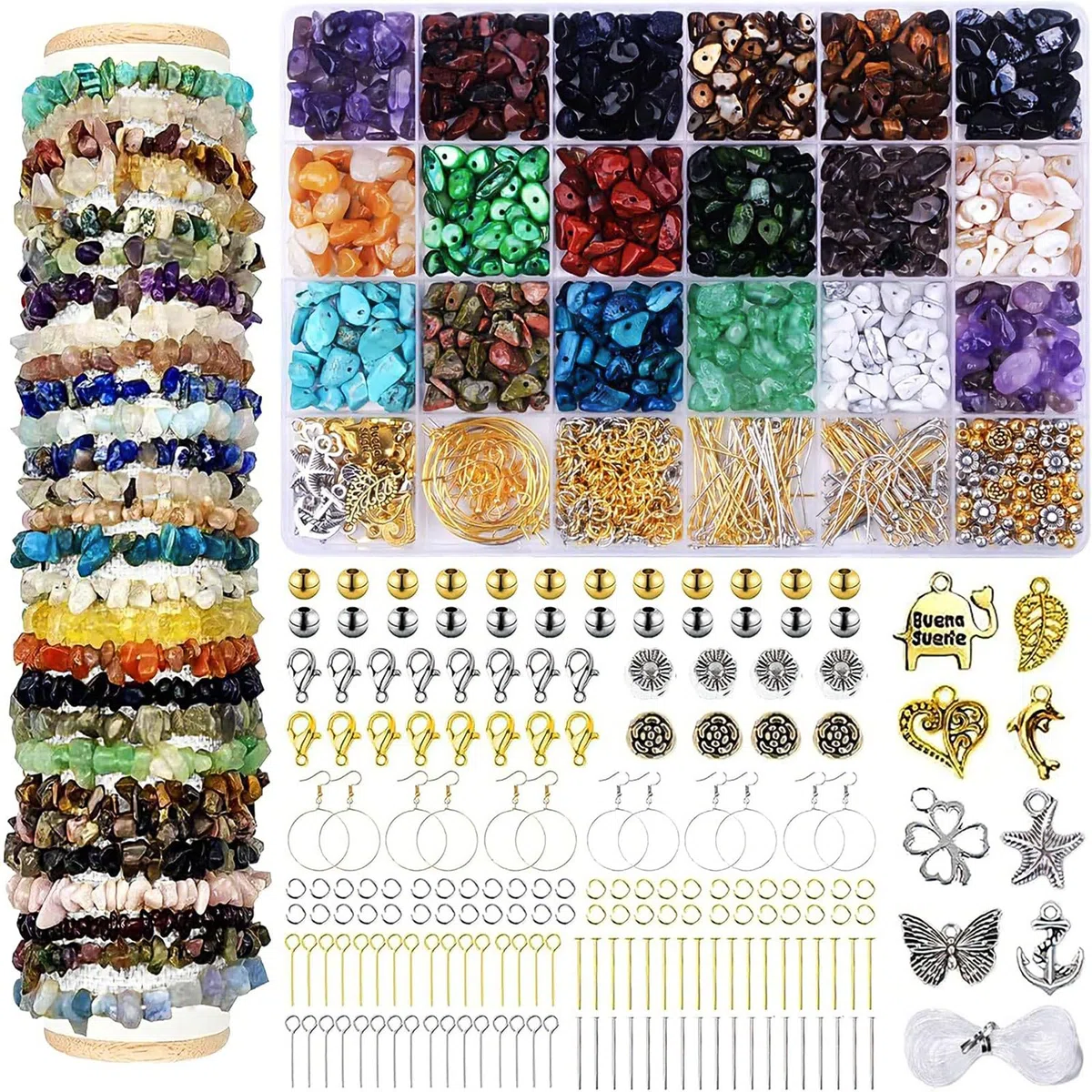 Set di 1180 perline di pietra naturale con foro, per bracciali, collane, orecchini e anelli da infilare (perline di ciottolo)