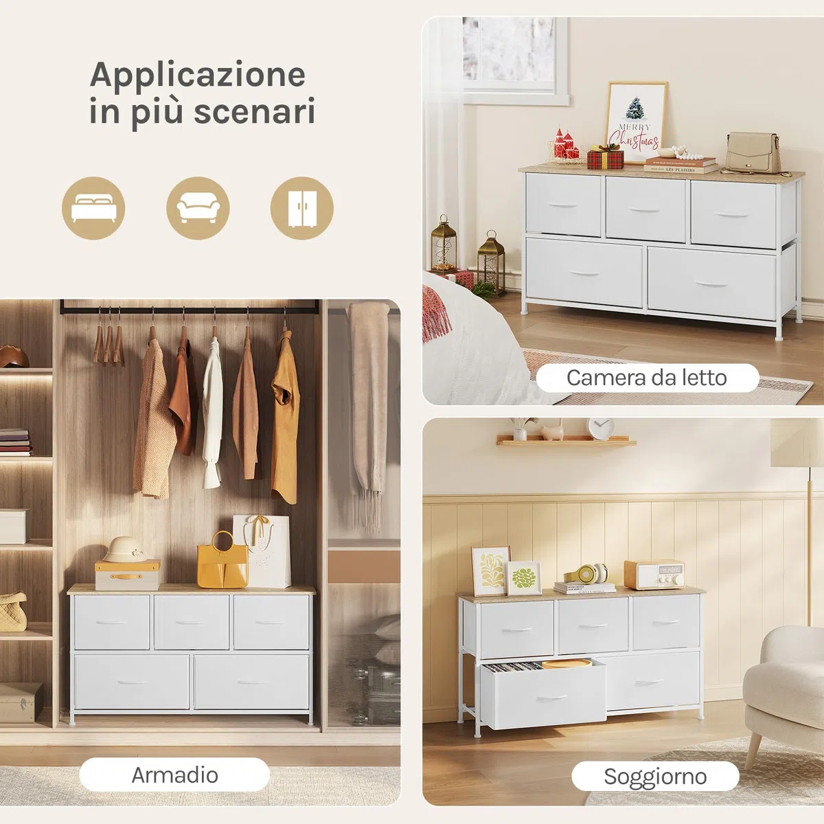 WOLTU Cassettiera Camera da Letto, Cassettiera con 5 Cassetti a 2 Livelli in Tessuto, Mobile con Cassetti Industriale, Struttura in Metallo e Legno, Bianco, 100x30x54cm, SSK005ws