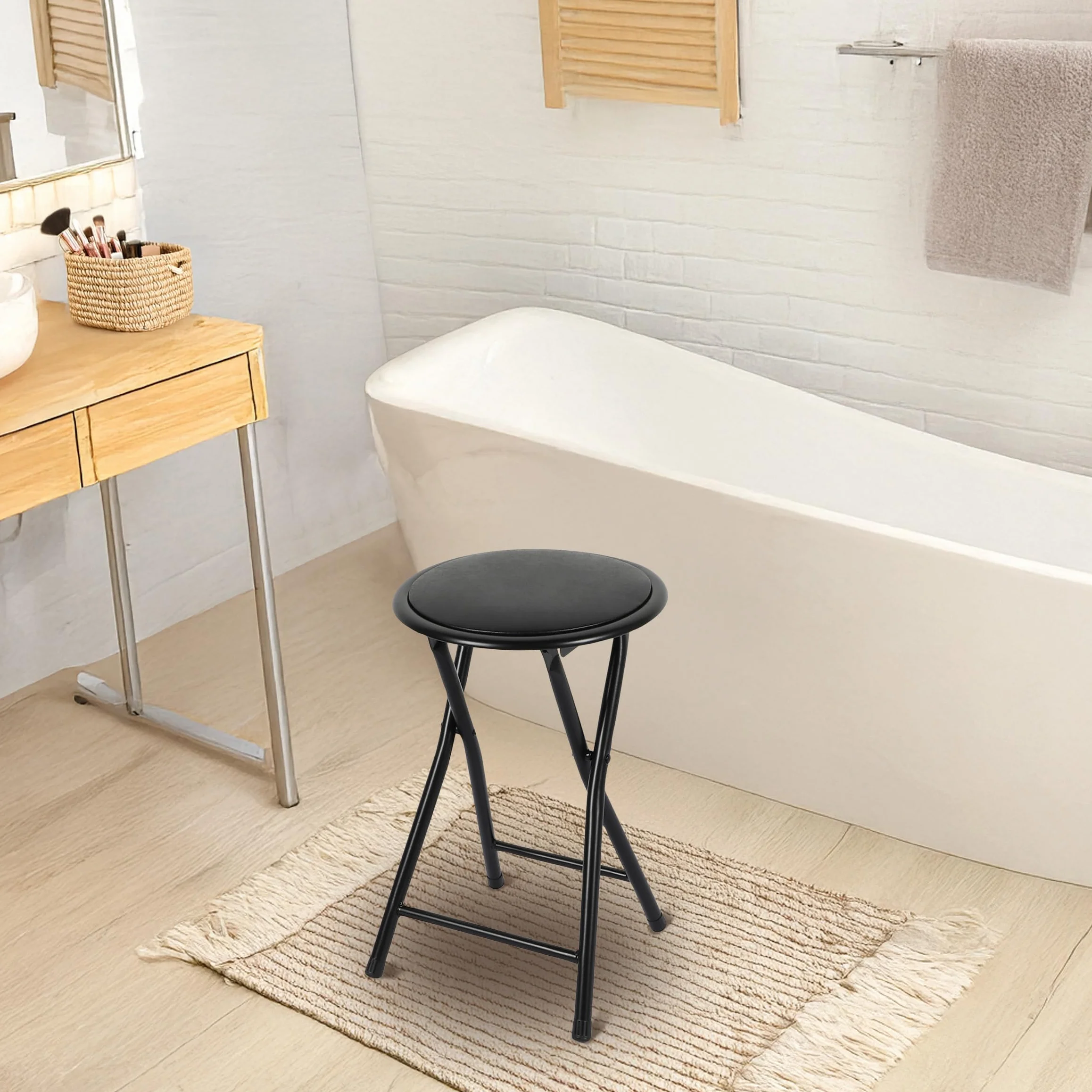 Spetebo Sgabello pieghevole in metallo, rotondo, nero, 45 x Ø 30 cm, pieghevole, con seduta imbottita, universale, pieghevole, per cucina, bagno, corridoio