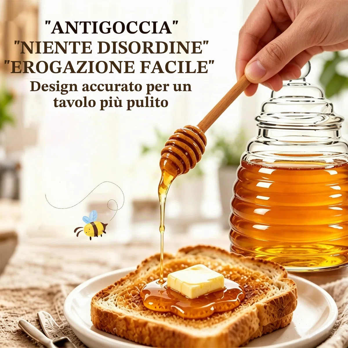 Barattolo Per Miele,Trasparente Vasetto per Miele, Barattoli Per Miele In Vetro Con Coperchi E Cucchiaio per La Conservazione E La Distribuzione di Miele E Sciroppo (500ml)