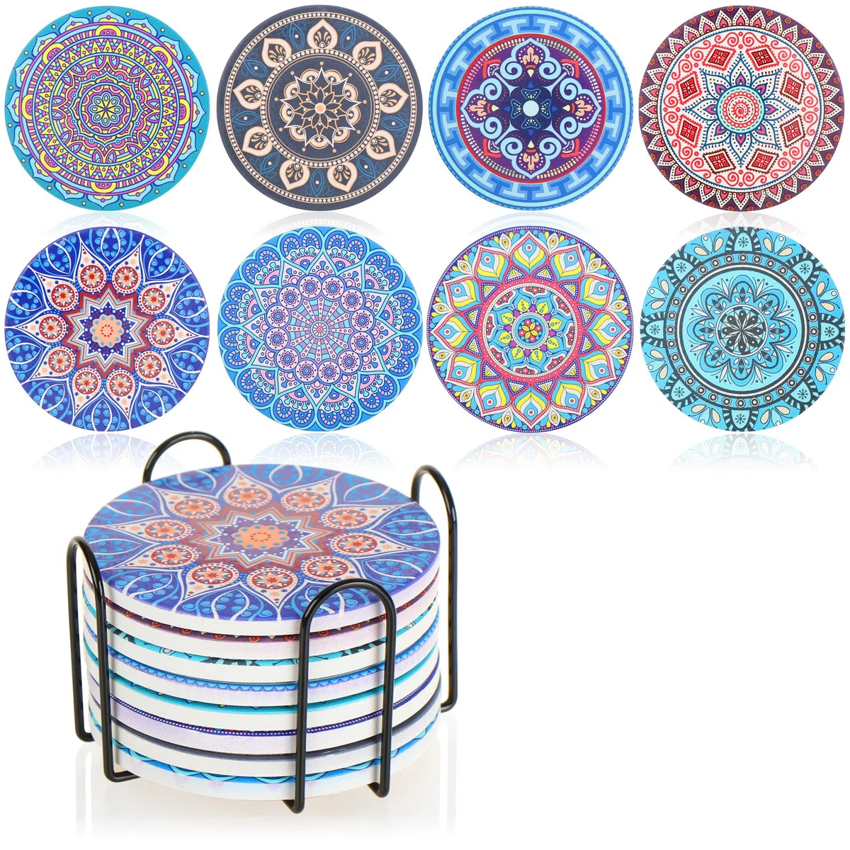 Set di 9 sottobicchieri con Supporto in Metallo - Sottobicchieri in Ceramica con Motivo Mandala e Retro in Sughero - Sottobicchieri Rotondi (8 Pezzi - sottobicchieri + Supporto)