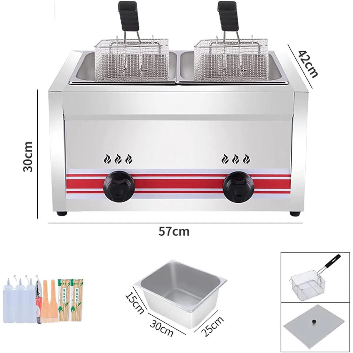Friggitrice A Gas Grande capacità 10l/20l/30l,Friggitrice in Acciaio Inossidabile,Friggitrice Multifunzione,con Cestini & Coperchio,per Cucina Domestica Commerciale,Doublecylinder10l+10l
