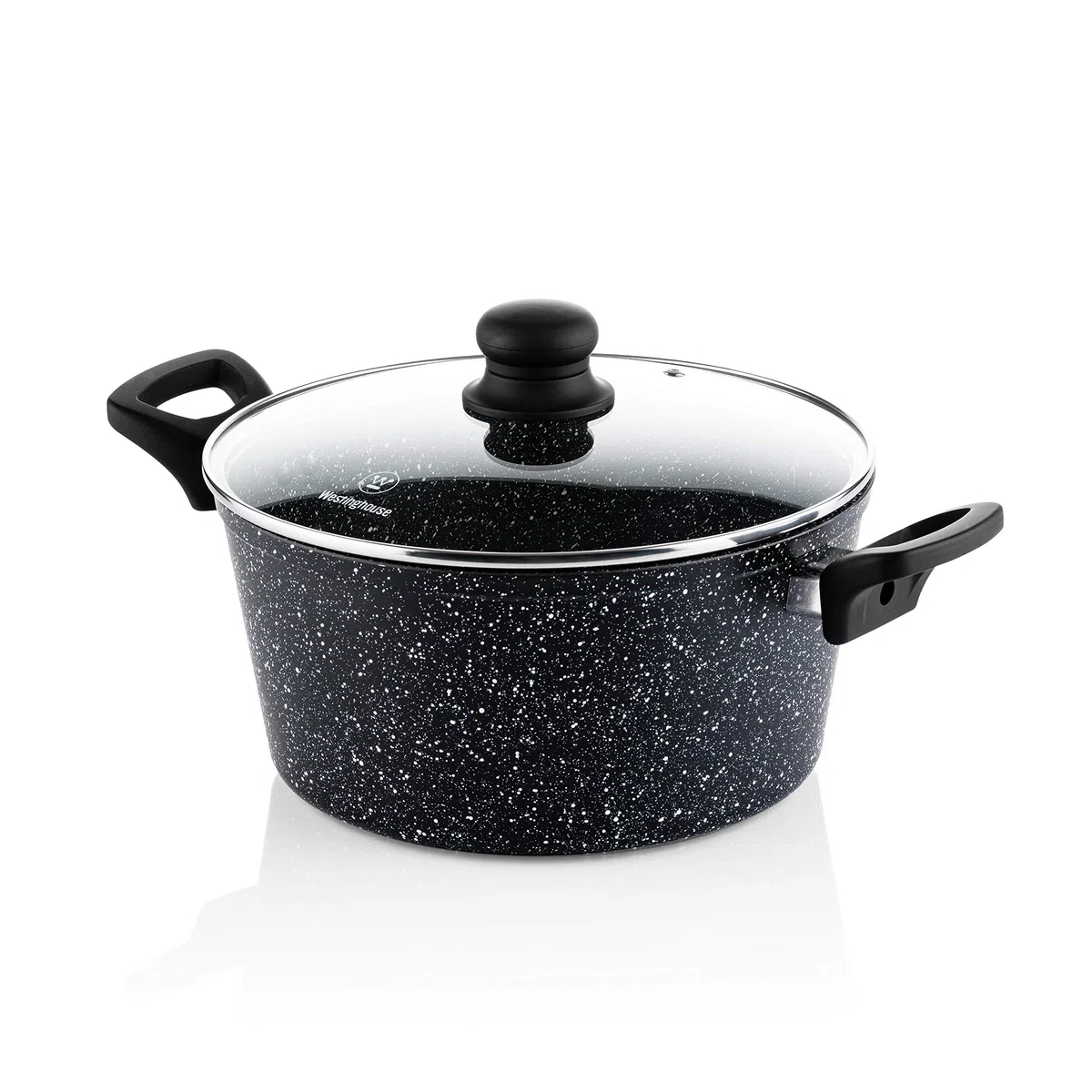 Westinghouse Pentola da 24 cm con coperchio in vetro, rivestimento antiaderente in marmo a 3 strati, in alluminio forgiato, adatta a induzione, manico con rivestimento in silicone, nero