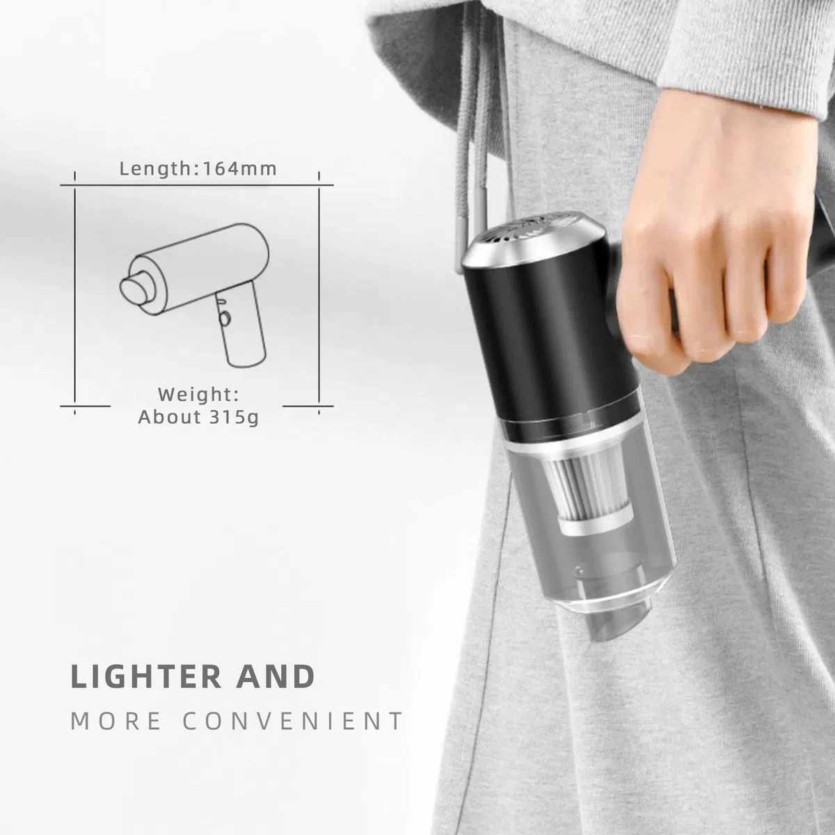 Poligono Mini Aspirapolvere per Auto Senza Filo Ricaricabile con USB, Aspirabriciole Portatile, (Potente 120W, 6000Pa, 7.4V), Nero