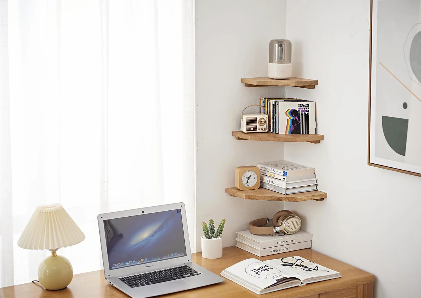 Mensola Angolare in Legno di Quercia da Parete Con Foro per Cavi, Sospesa per Piante, Camera da Letto, Soggiorno, Cucina (30 cm)