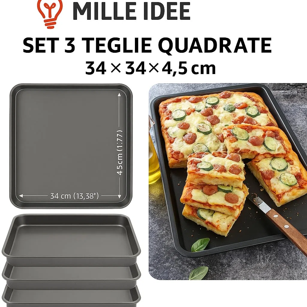 3 Tris teglia da forno pizza quadra quadrata cm 34x34x4,5h cm