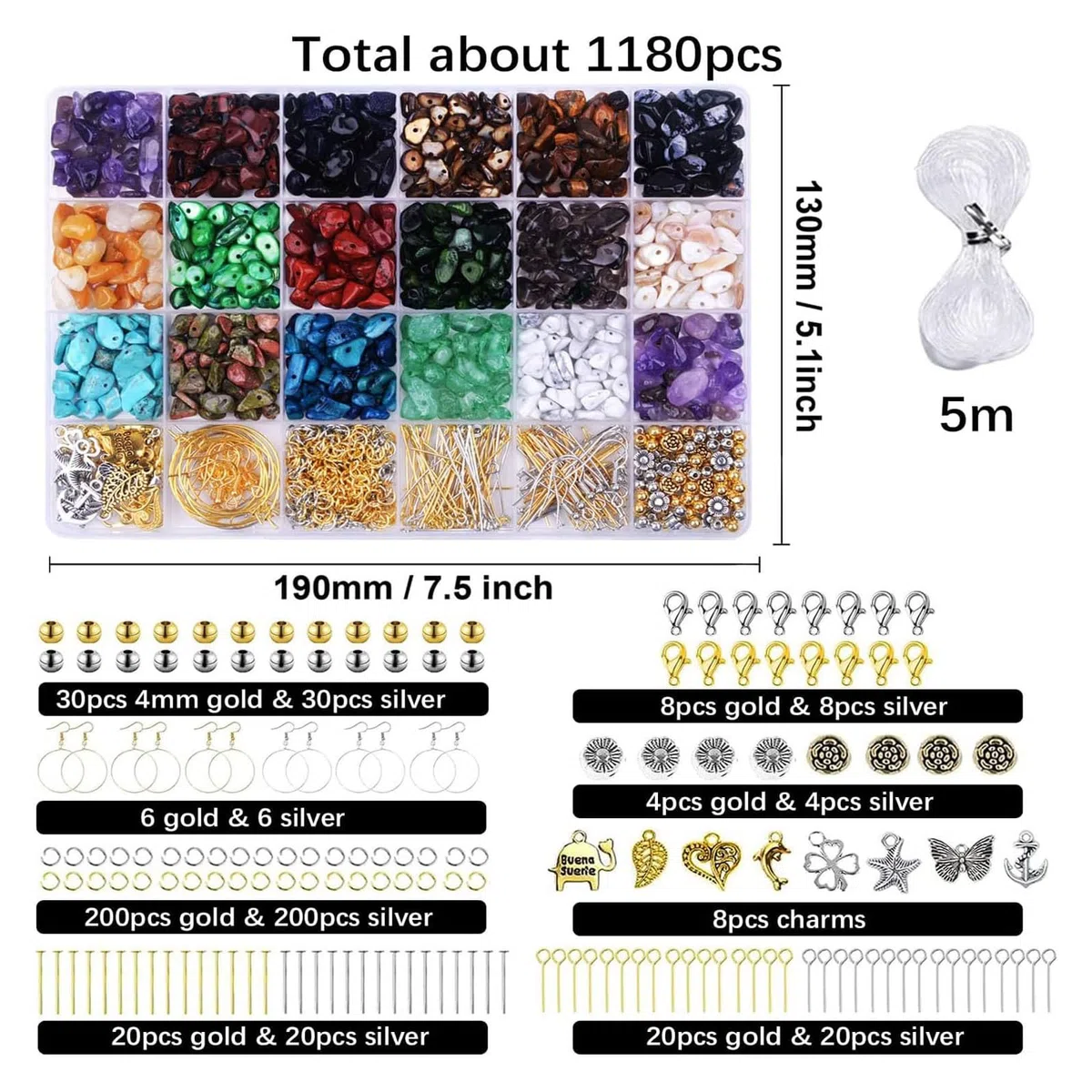 Set di 1180 perline di pietra naturale con foro, per bracciali, collane, orecchini e anelli da infilare (perline di ciottolo)