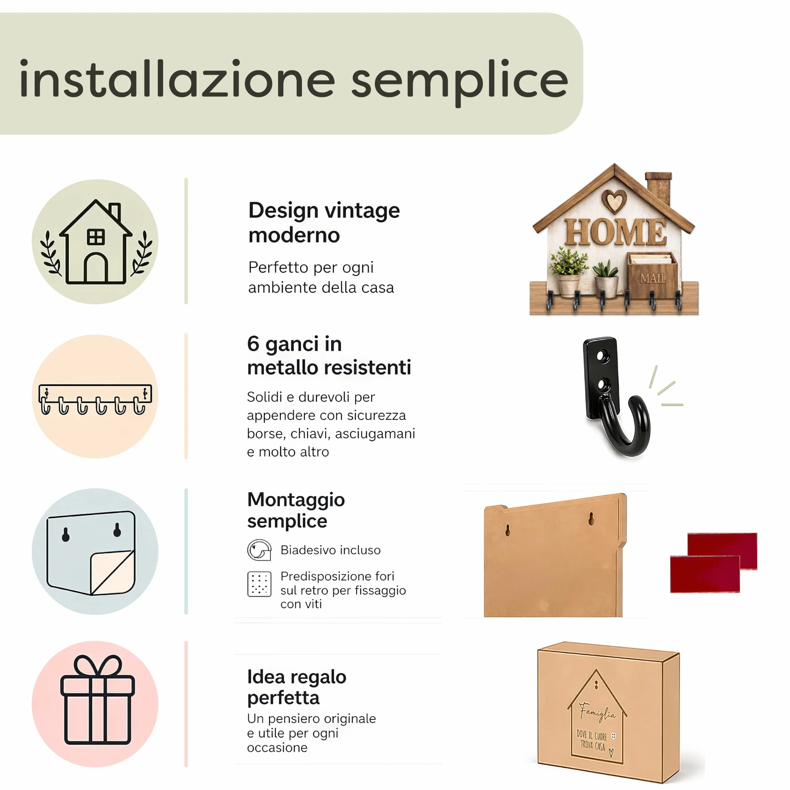 DEKORI Appendichiavi da Parete HOME in Legno Portachiavi da Muro 6 Ganci Metallo Decorazione Ingresso Casa Stile Country Moderno Organizer Chiavi Parete Made in Italy