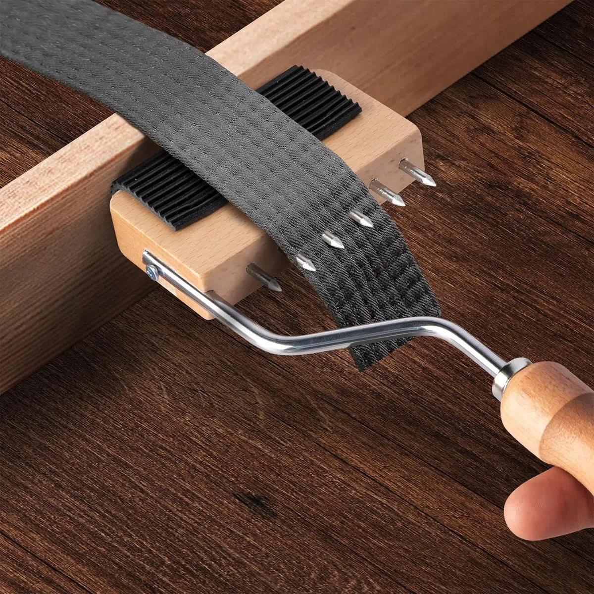 Tendicinghia per cinghie, tenditore in tela con manico in legno, strumento per tappezzeria per tappeti, nastri, tessuti, con leva a collo di cigno per riparazione di mobili e progetti fai da
