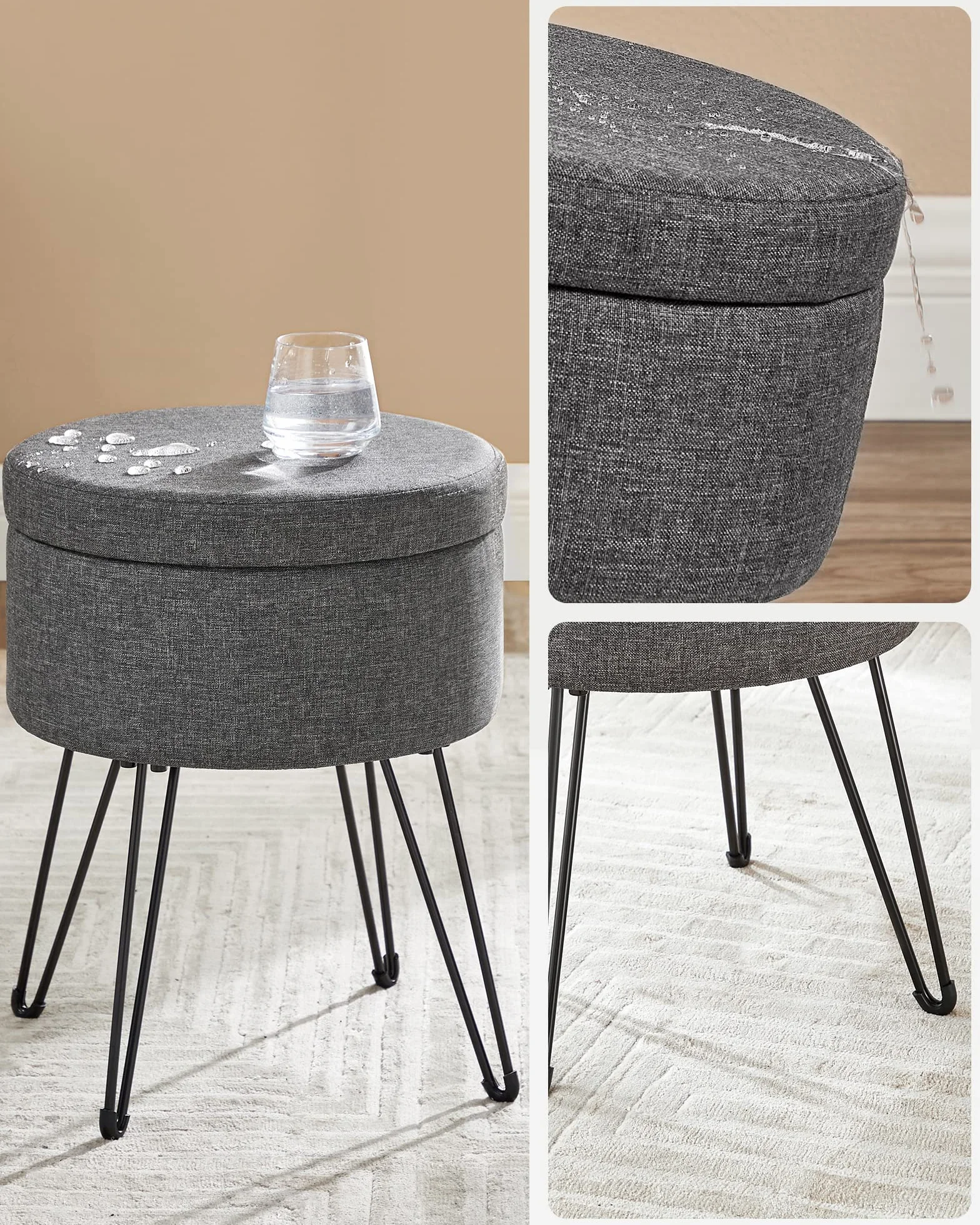 SONGMICS Sgabello Pouf Contenitore, Cassapanca Rotonda, Sgabello Toeletta, Capacità di 13,4L, Gambe in Metallo, Sedile Imbottito, Soggiorno Camera da Letto, Grigio Scuro LOM002G02