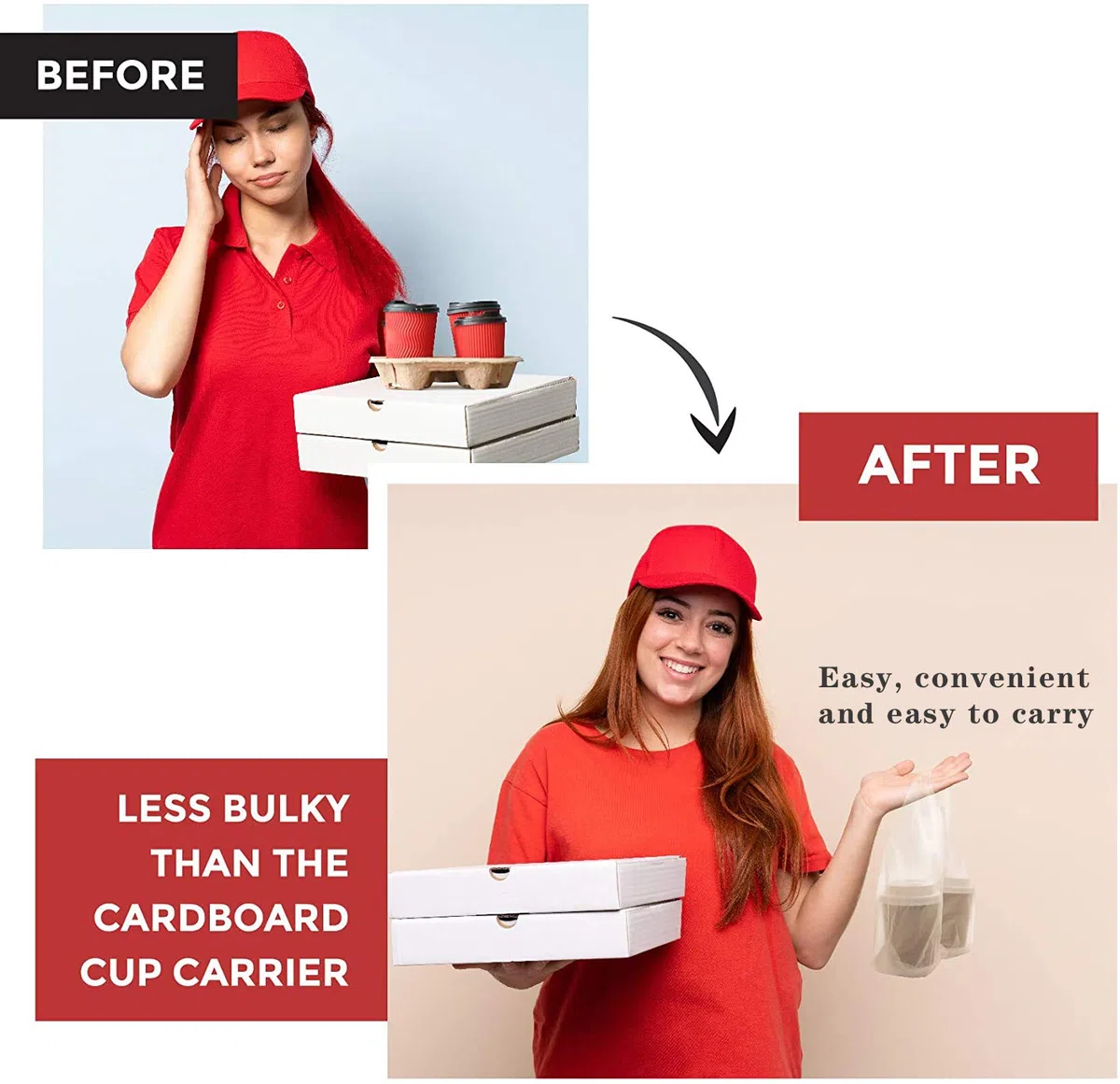 Porta bicchieri usa e getta, 2 bicchieri di plastica con maniglia, adatto per tazze da caffè per servizio di catering, sacchetti usa e getta per bevande calde e fredde (100 pezzi da 11,8 x
