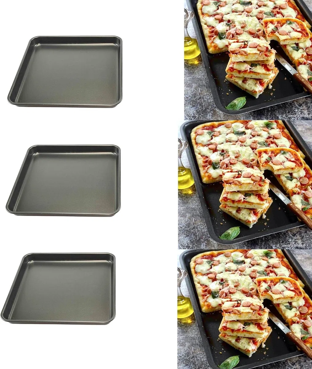 3 Tris teglia da forno pizza quadra quadrata cm 34x34x4,5h cm