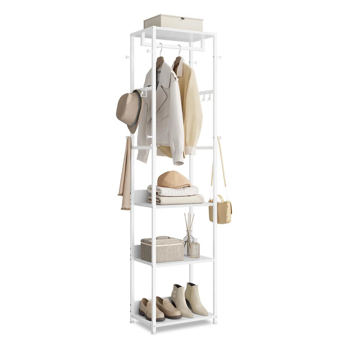 VASAGLE Appendiabiti, Attaccapanni con Barra e Ganci, Appendiabiti Ingresso con Ripiani, Struttura in Acciaio, per Vestiti Borse Cappelli, Bianco Nuvola RCR061WC02