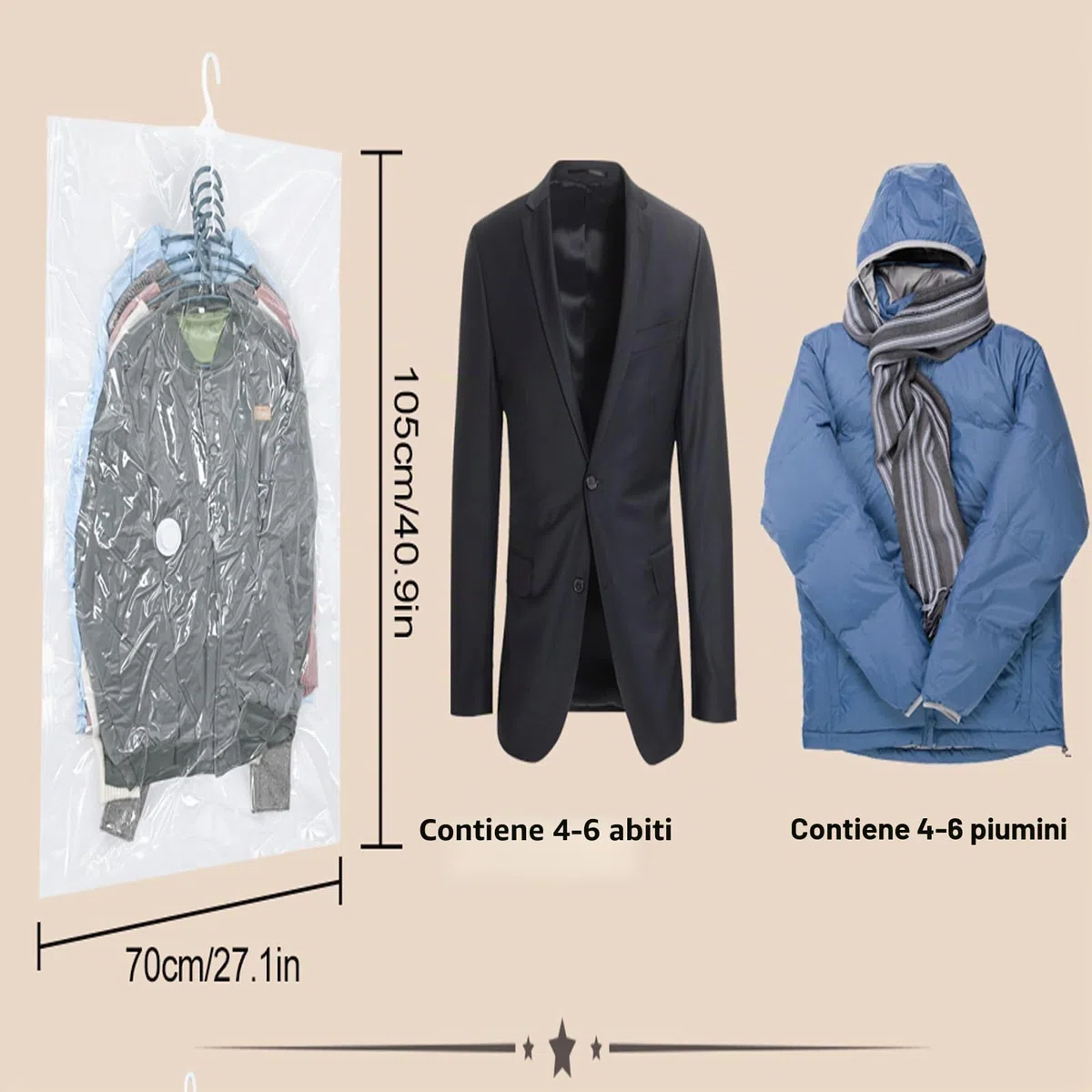Sacchetti sottovuoto vestiti da appendere, 4 pezzi Vacuum storage bags salvaspazio per vestiti, organizer per armadio, Sacchetti vestitii trasparente e riutilizzabile (4, 105x70cm)
