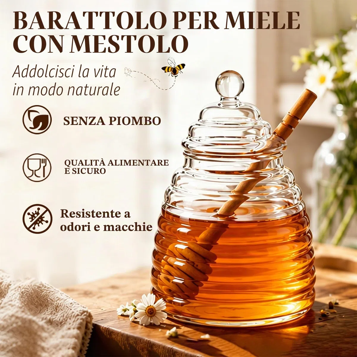 Barattolo Per Miele,Trasparente Vasetto per Miele, Barattoli Per Miele In Vetro Con Coperchi E Cucchiaio per La Conservazione E La Distribuzione di Miele E Sciroppo (500ml)