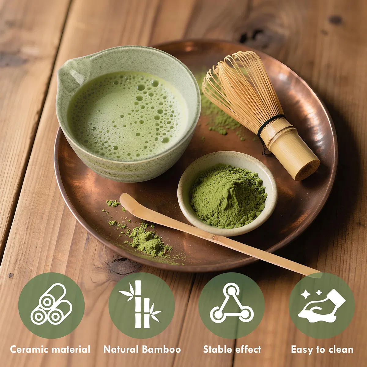 Euakee 5 Pezzi Matcha Kit, Matcha Whisk Set,Frusta Matcha, Ciotola Matcha, Supporto Chasen, Cucchiaio di Matcha, Setaccio Di Matcha, per La Casa, l'Ufficio e la Sala da Tè (Matcha Verde)