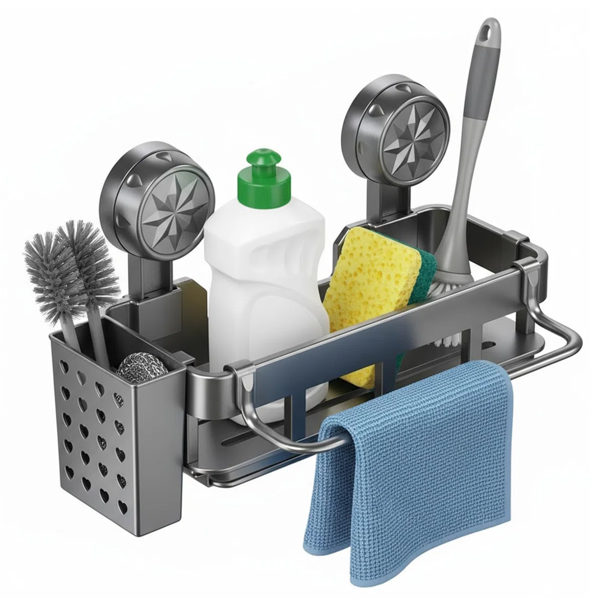 Organizer per Lavello,Portaoggetti Multifunzionale da Cucina con Vaschetta di Raccolta, Porta Strofinacci Rimovibile e Contenitore Portaoggetti, Supporto Spugna a Ventosa da Cucina