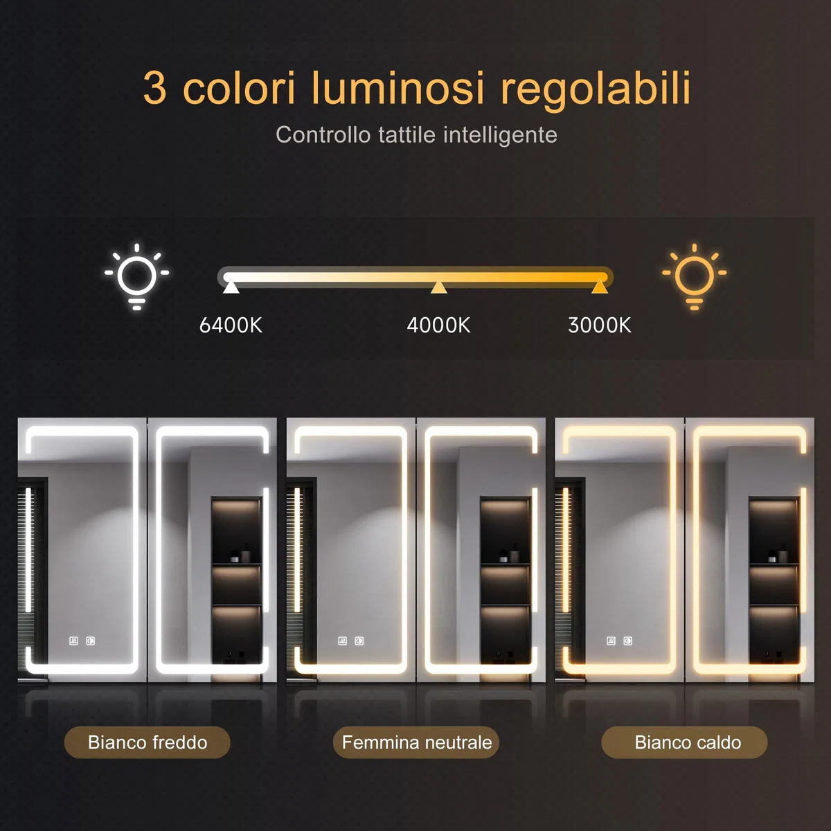 SONNI Armadietto Specchio Bagno con Illuminazione, 3 Colori Luce Regolabile Antiappannamento LED, Mobile Bagno con Specchio Verniciato Ferro a Singola, Design Armadietto Medicina,59x60x14cm