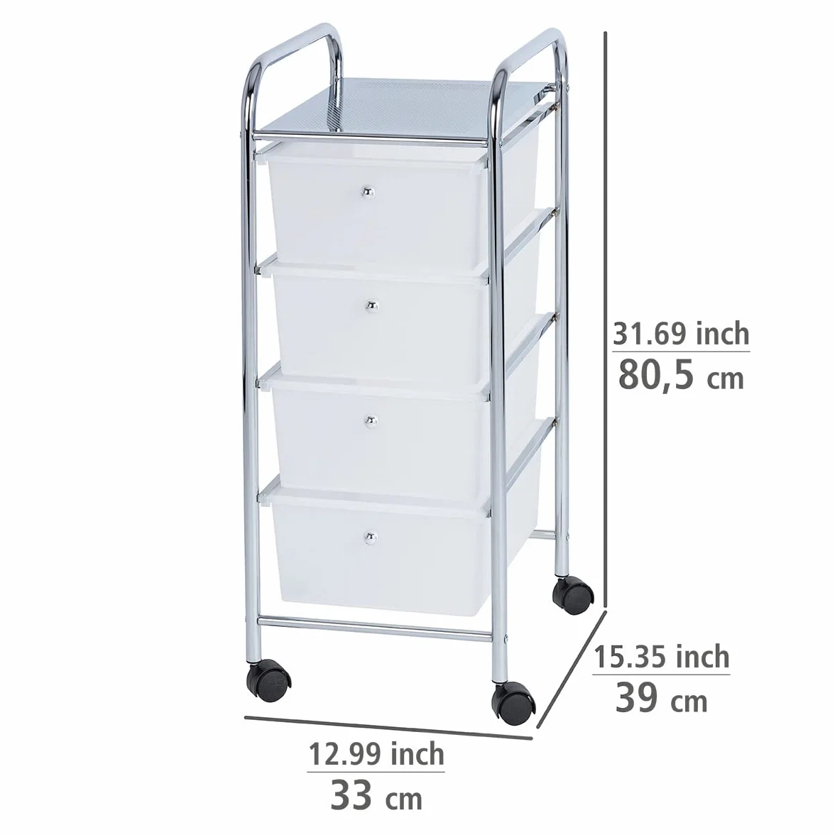 WENKO Carrello per il bagno e la casa Messina - con rotelle, 4 cassetti, Acciaio, 33 x 80.5 x 39 cm, Cromo