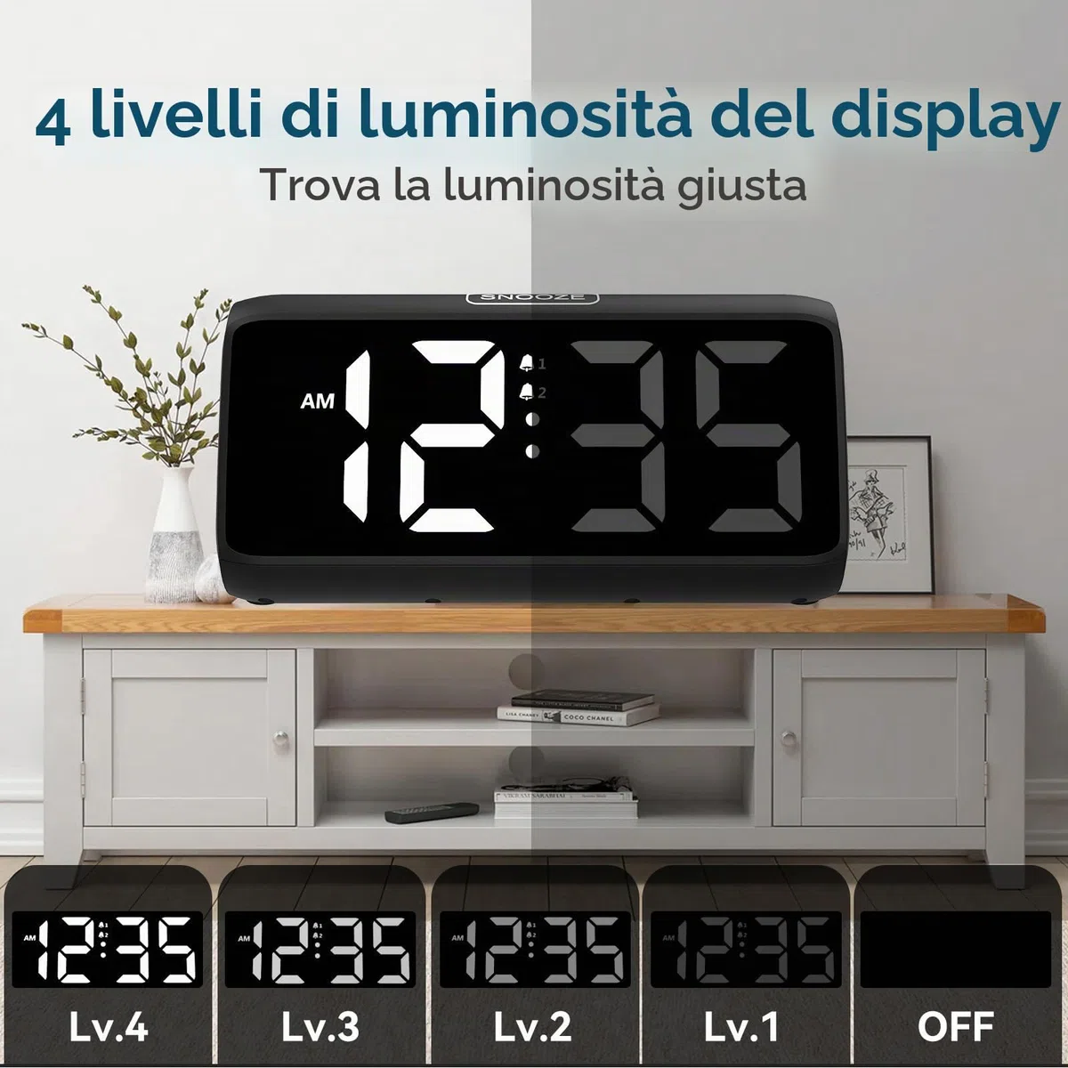 Sveglia forte per dormiente profondo, sveglia forte con vibrazione, doppio allarme, indicatore LED, 5 livelli di luminosità, 4 volumi, snooze, sveglia vibrante per anziani, adolescenti, non udenti