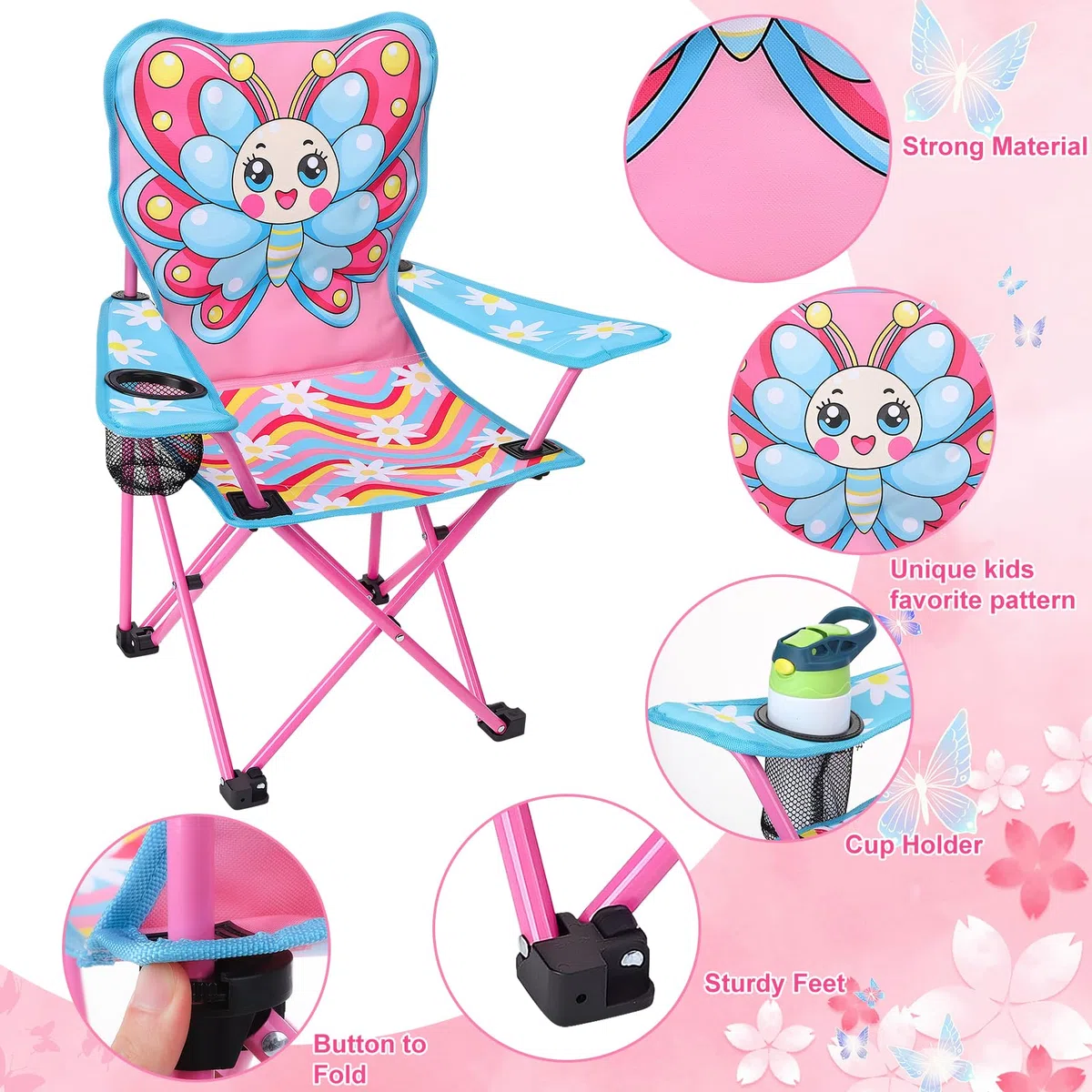 Sedia pieghevole per bambini rosa con farfalla, sedia da spiaggia per bambini e ragazze, ideale per spiaggia, giardino e campeggio