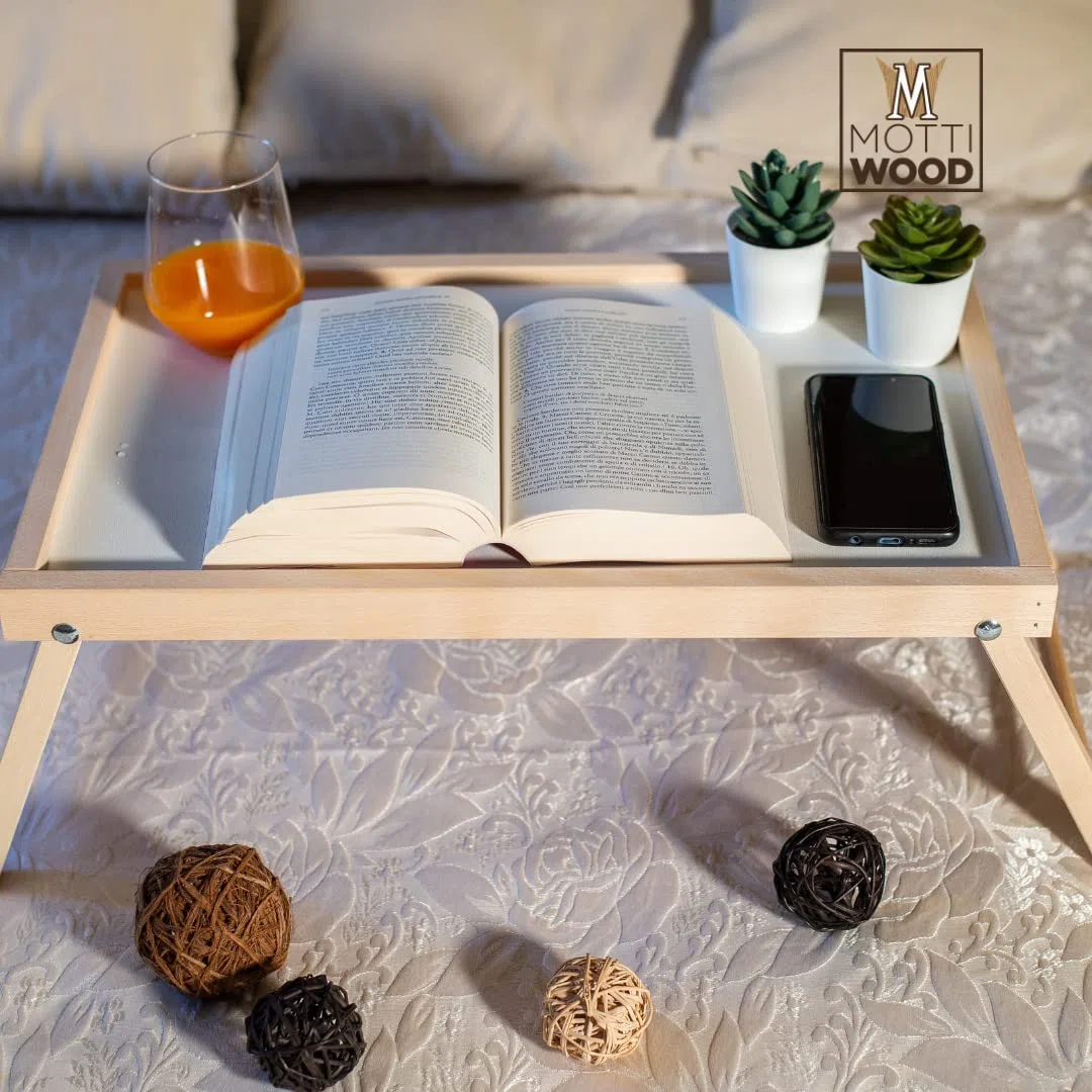Tavolino da Letto Pieghevole, Vassoio da Poltrona, Colazione, Tavolino da Letto, Pieghevole in Legno Faggio, Gambe Ripiegabili, 33x50x21.5hcm, Made in Italy
