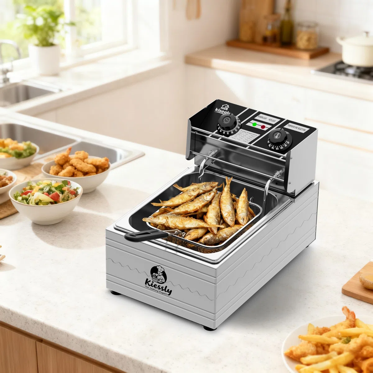 Friggitrice elettrica da 20 litri, friggitrice commerciale da 3500W con cestelli, friggitrice a doppia vasca in acciaio inossidabile con controllo del tempo e della temperatura (Single Fryer 10L IO4)