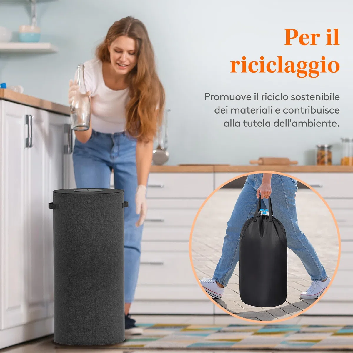 Lifewit 80L Rotonde Conservazione Delle Bottiglie con Coperchio, Pattumiera Differenziata per Bottiglia Plastica e Bottiglia Vetro, Raccolta Riciclaggio con Foro, Pattumiera Cucina, Nero