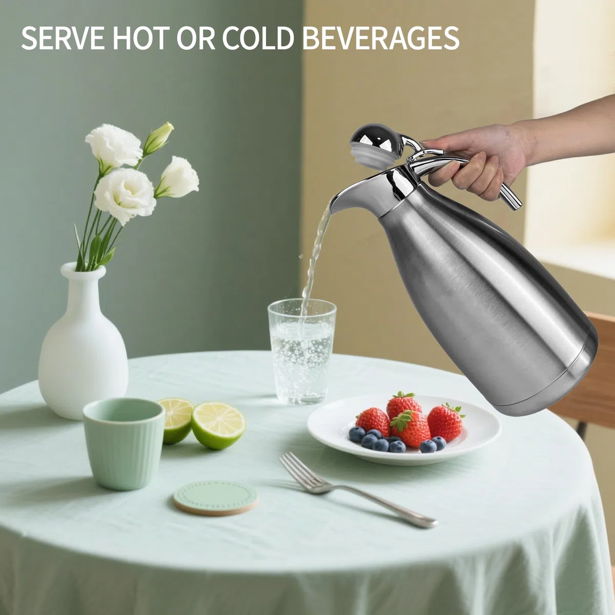 Caraffa Termica in Acciaio, Si Mantiene Caldo per 24 Ore, 2L Caffettiera A Doppia Parete, Termica Doppia Parete, Diametro 14cm, Altezza 29cm Brocca Isolante per Caffè, Tè, Acqua