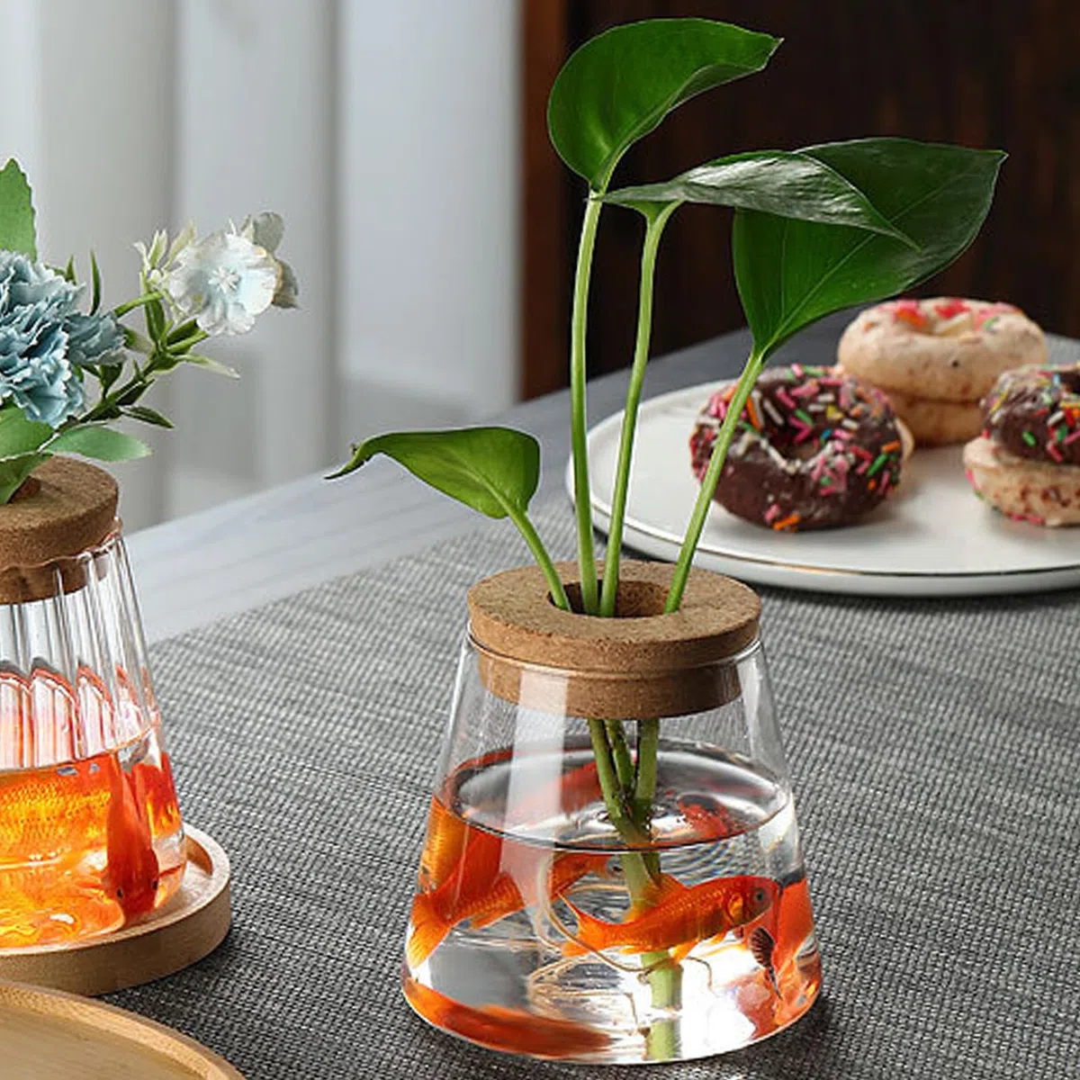 2 Vaso Idroponico di Vetro Con Base e Tappi in Sughero - Trasparente da Scrivania per Idrocoltura - Per Casa, Ufficio e Decorazione