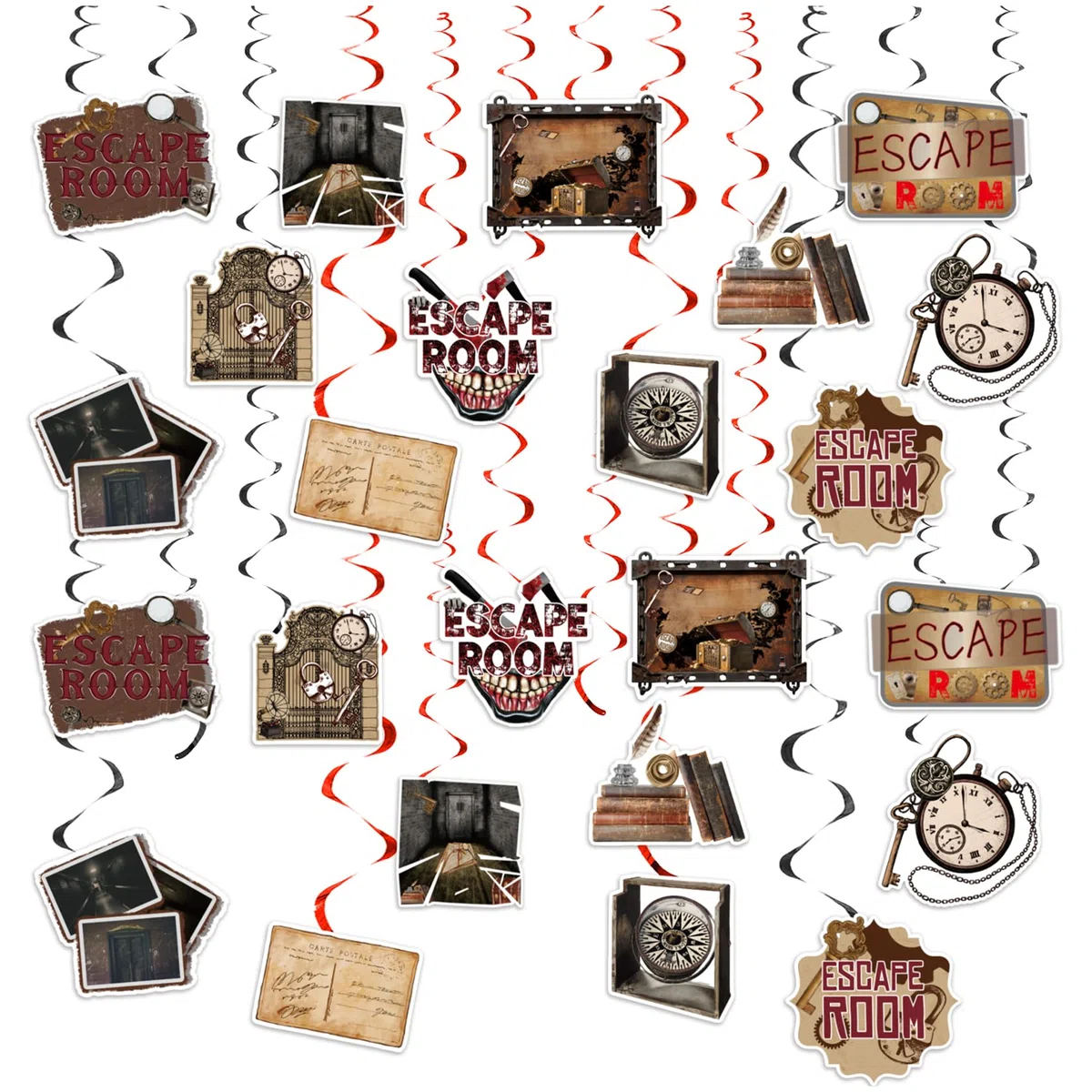 24 pezzi Escape Room appeso girelle Escape Room Spirale Soffitti Decorazioni da appendere per Escape Room Party Supplies Decorazioni Compleanno