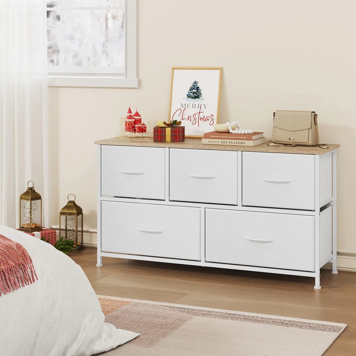 WOLTU Cassettiera Camera da Letto, Cassettiera con 5 Cassetti a 2 Livelli in Tessuto, Mobile con Cassetti Industriale, Struttura in Metallo e Legno, Bianco, 100x30x54cm, SSK005ws