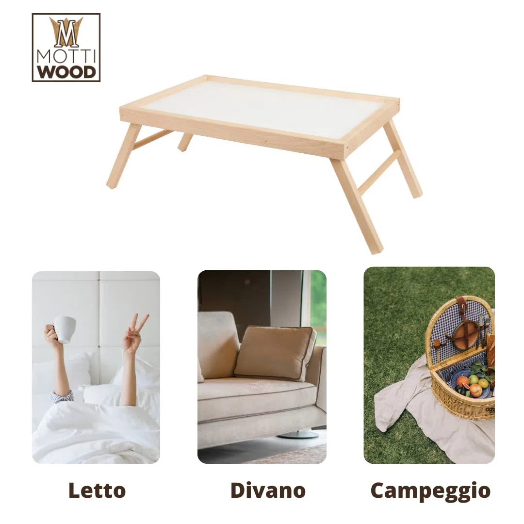 Tavolino da Letto Pieghevole, Vassoio da Poltrona, Colazione, Tavolino da Letto, Pieghevole in Legno Faggio, Gambe Ripiegabili, 33x50x21.5hcm, Made in Italy