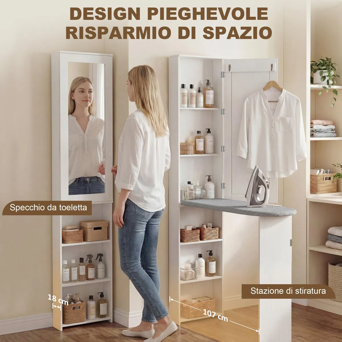 HOMCOM Mobile Asse da Stiro Pieghevole Salvaspazio con Specchio, Mobile da Stiro Multiuso con 6 Scomparti, 2 Ganci, per Lavanderia Bagno, 107x35x174 cm, Bianco