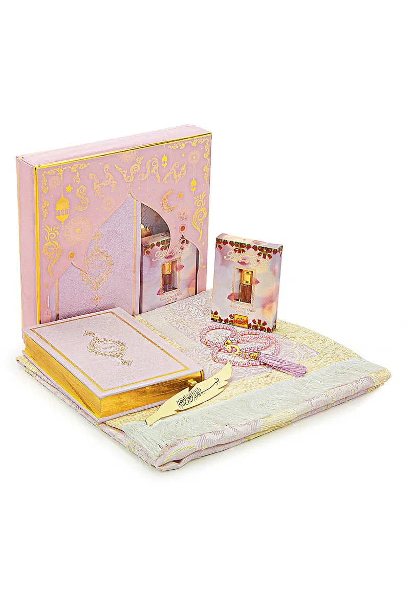 ihvan online Set regalo di preghiera per uomini e donne, tappeto da preghiera musulmana, tappetino Salah, perline Taasbih, arabo, Santo Corano, set regalo islamico per Ramadan ed Eid, rosa