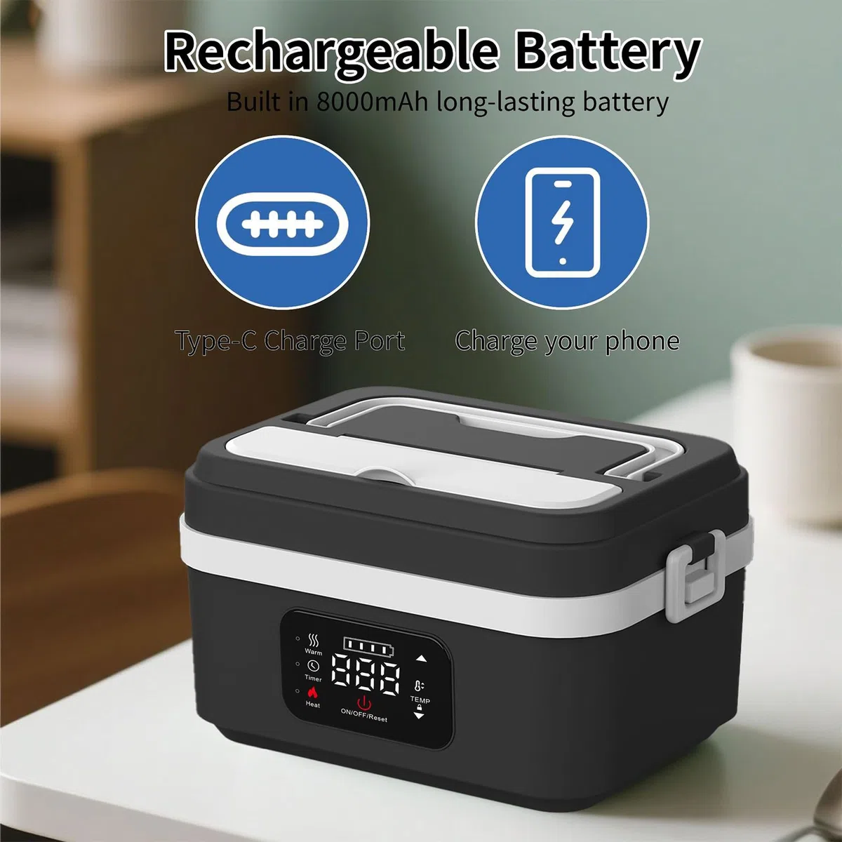 Scatola per il pranzo elettrica senza fili per adulti, 1 l 16000 mAh, ricaricabile, ciotola riscaldata, per il pranzo con riscaldamento automatico, per viaggi, ufficio, picnic (nero)