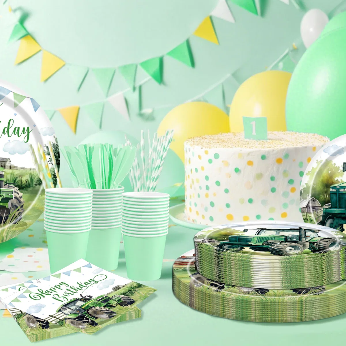 Trattore decorativo compleanno per bambini – 96 pezzi con piatti grandi e piccoli e tovaglioli in fattoria, decorazione per 24 ospiti per trattore a tema e compleanno per bambini ragazzi