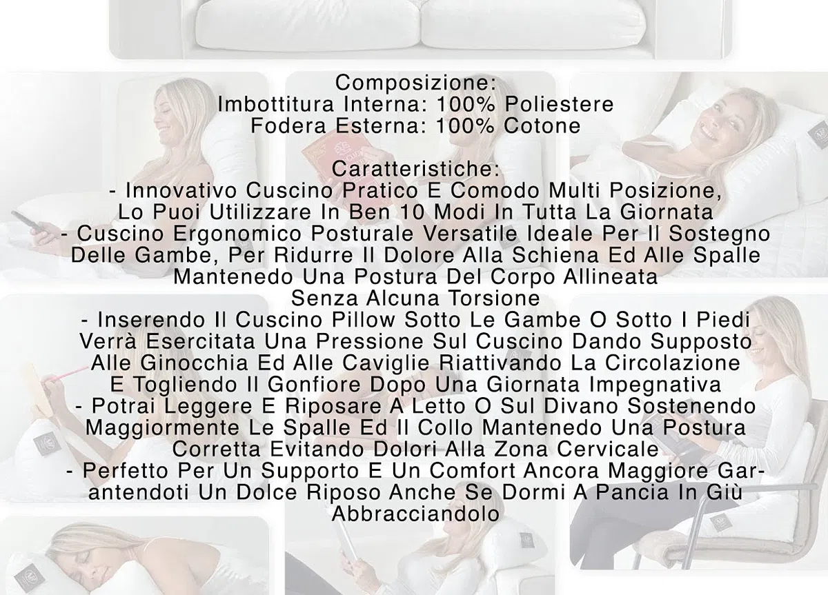 BIANCHERIAWEB Cuscino Ergonomico Posturale Decapillow 10 Usi 1 Solo Cuscino Multi Posizione Sostegno Gambe Spalle Cuscino Bianco