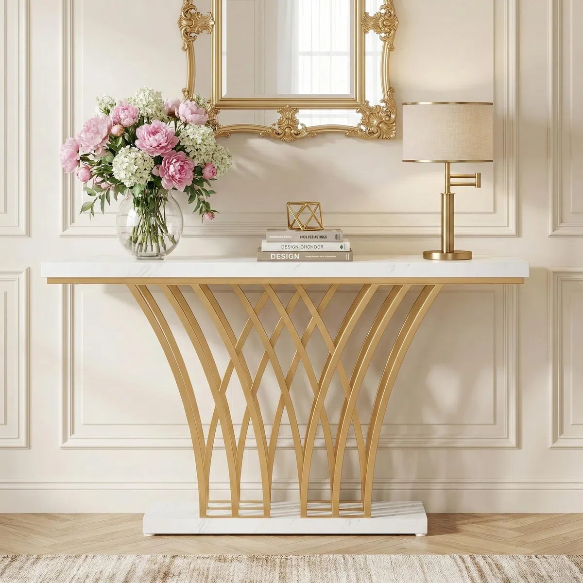 Lailang 150cm Consolle Ingresso, Tavolo Stretto e lungo, Mobile ingresso Legno, Consolle dietro Divano, Mobiletto ingresso moderno, 150 x 30 x 80 cm, White Faux Marble & Gold
