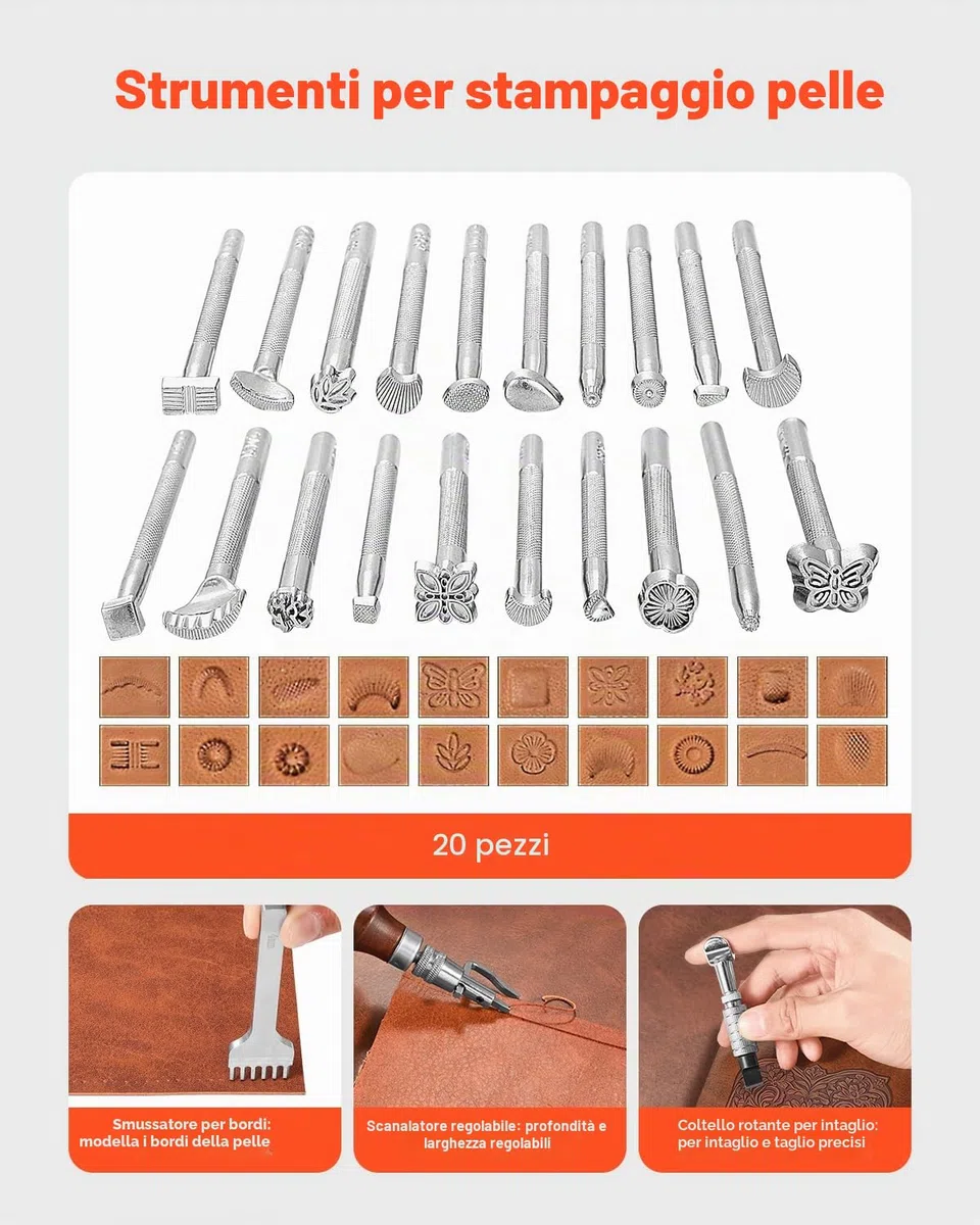 VEVOR Kit di Utensili per Lavorazione della Pelle, 72 Pezzi, Utensili per l'Artigianato della Pelle con Borsa Portaoggetti Portatile, per Incisione, Punzonatura, Cucito, Timbratura e Levigatura