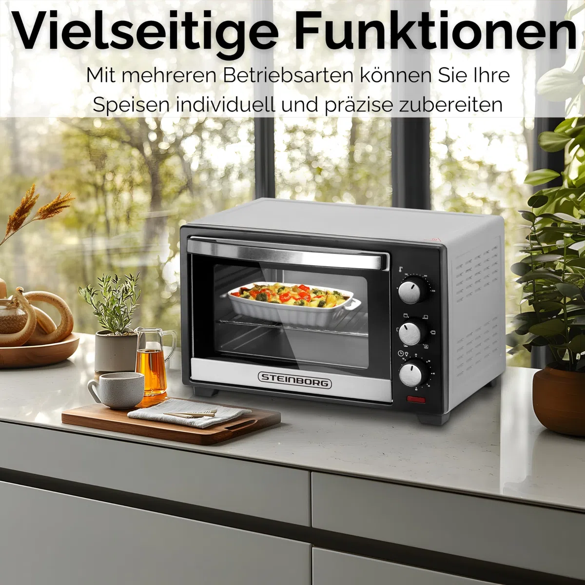 Steinborg Mini forno elettrico da 25 litri – forno per pizza 3 in 1 con calore superiore/inferiore e convezione d'aria, mini forno da 1600 Watt con timer da 60 minuti e teglia per briciole